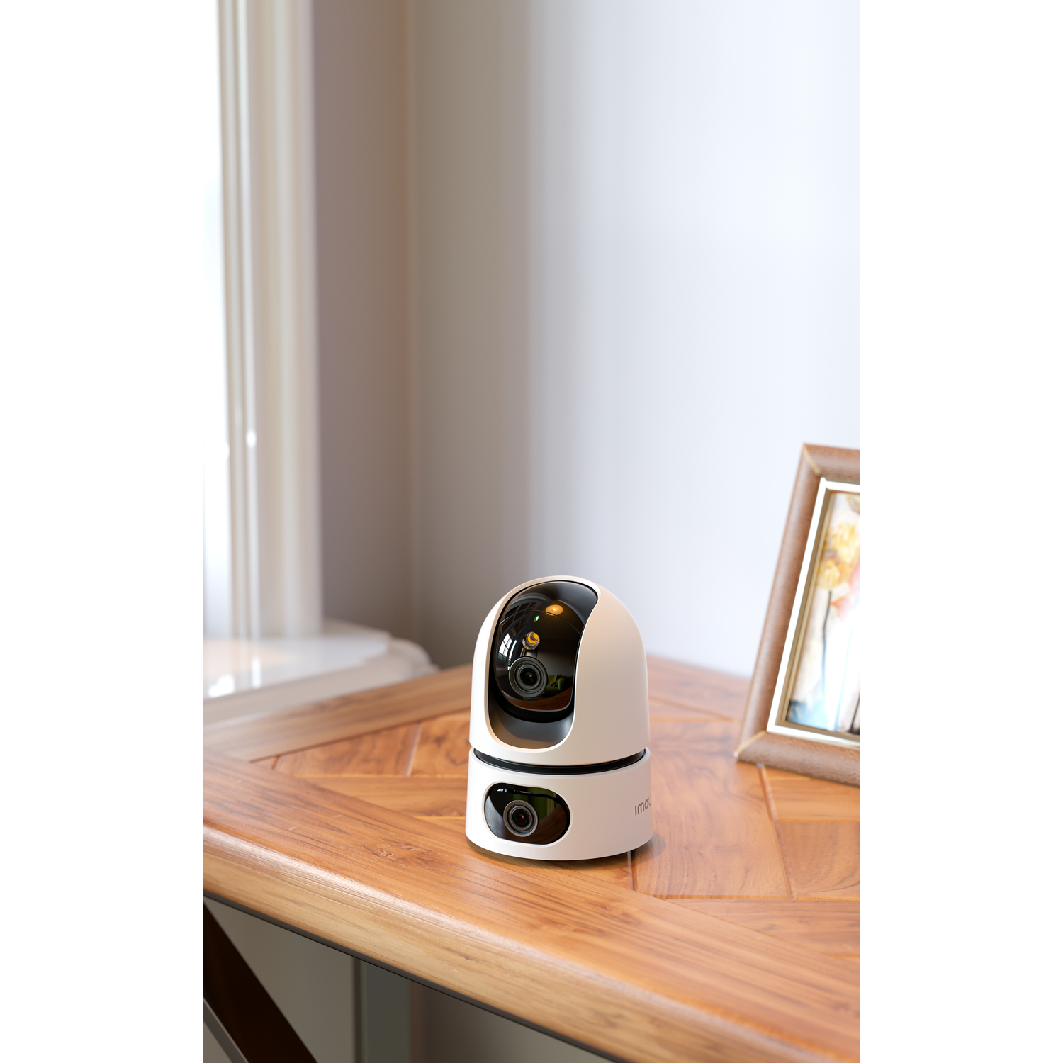 A security camera on a wooden table.