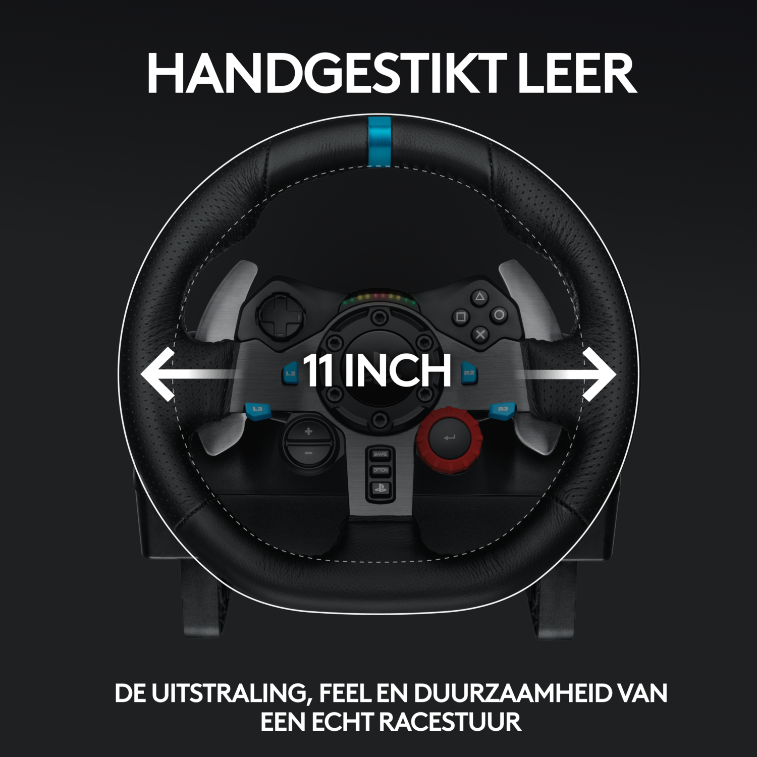 Steering wheel, black leather, with buttons and markings on a black base.