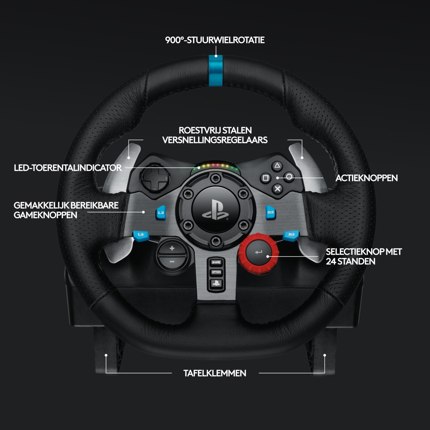 Gaming steering wheel. Black leather, silver accents. Buttons, dials, and a PlayStation logo are visible.