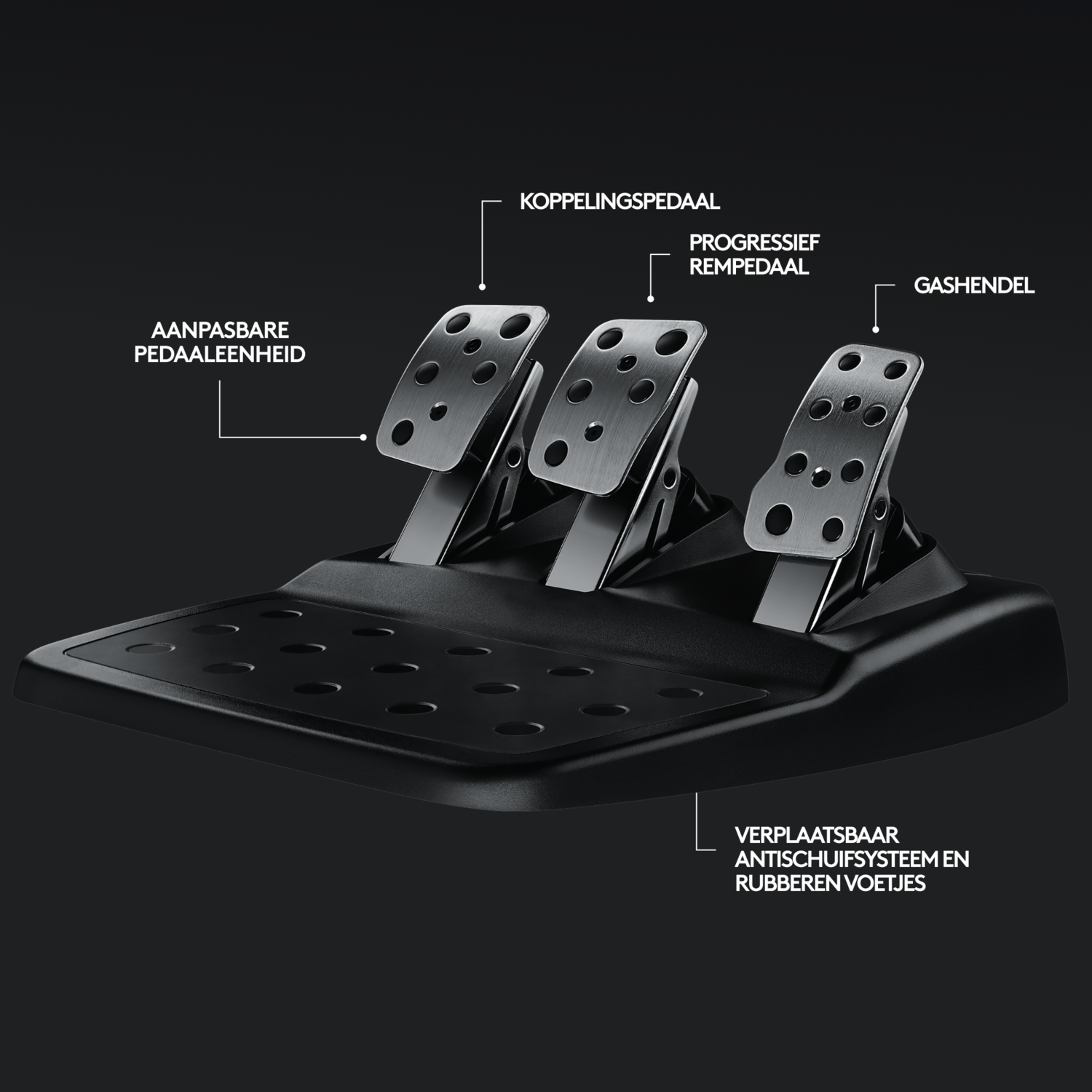 Close-up of a black car pedal set with labels.