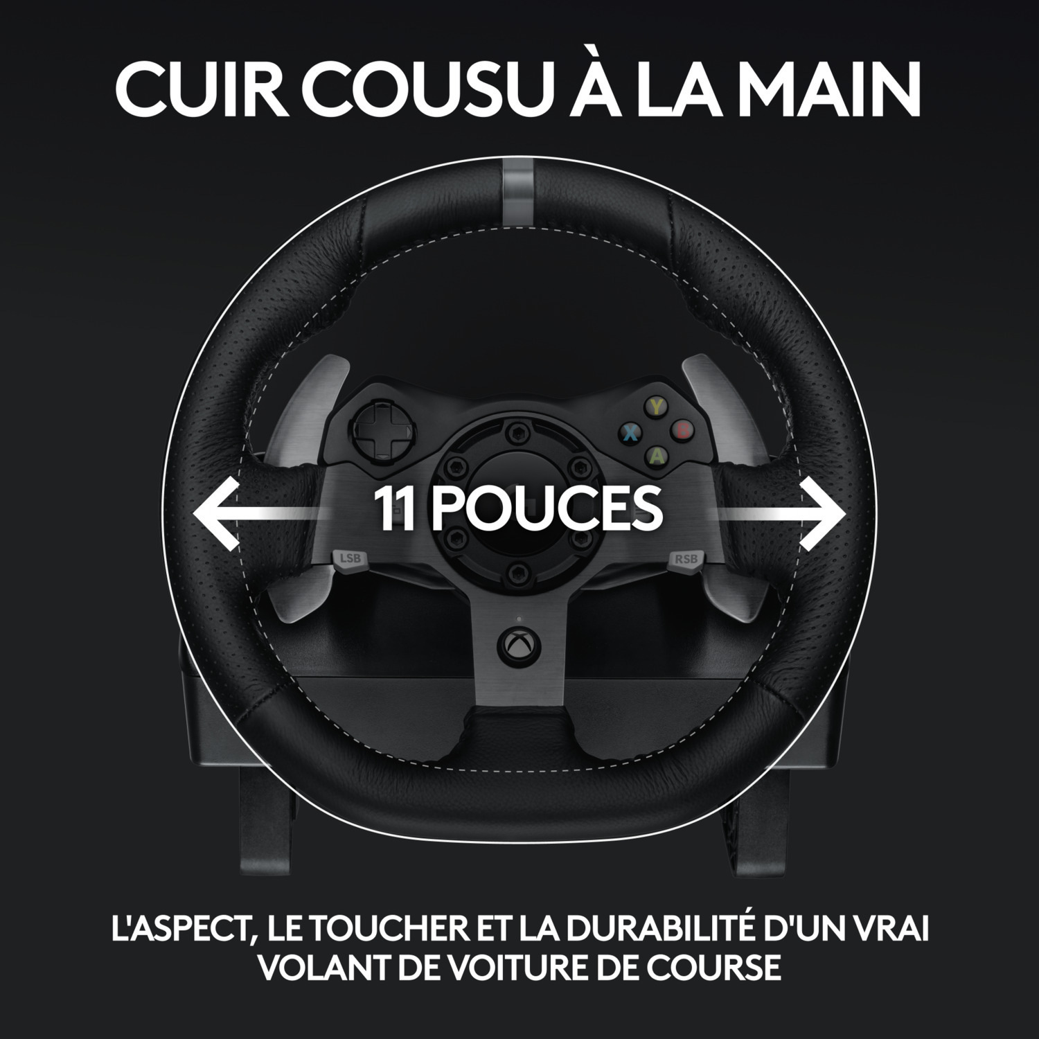 Un volant noir avec des coutures blanches, avec des flèches et du texte indiquant 11 pouces.