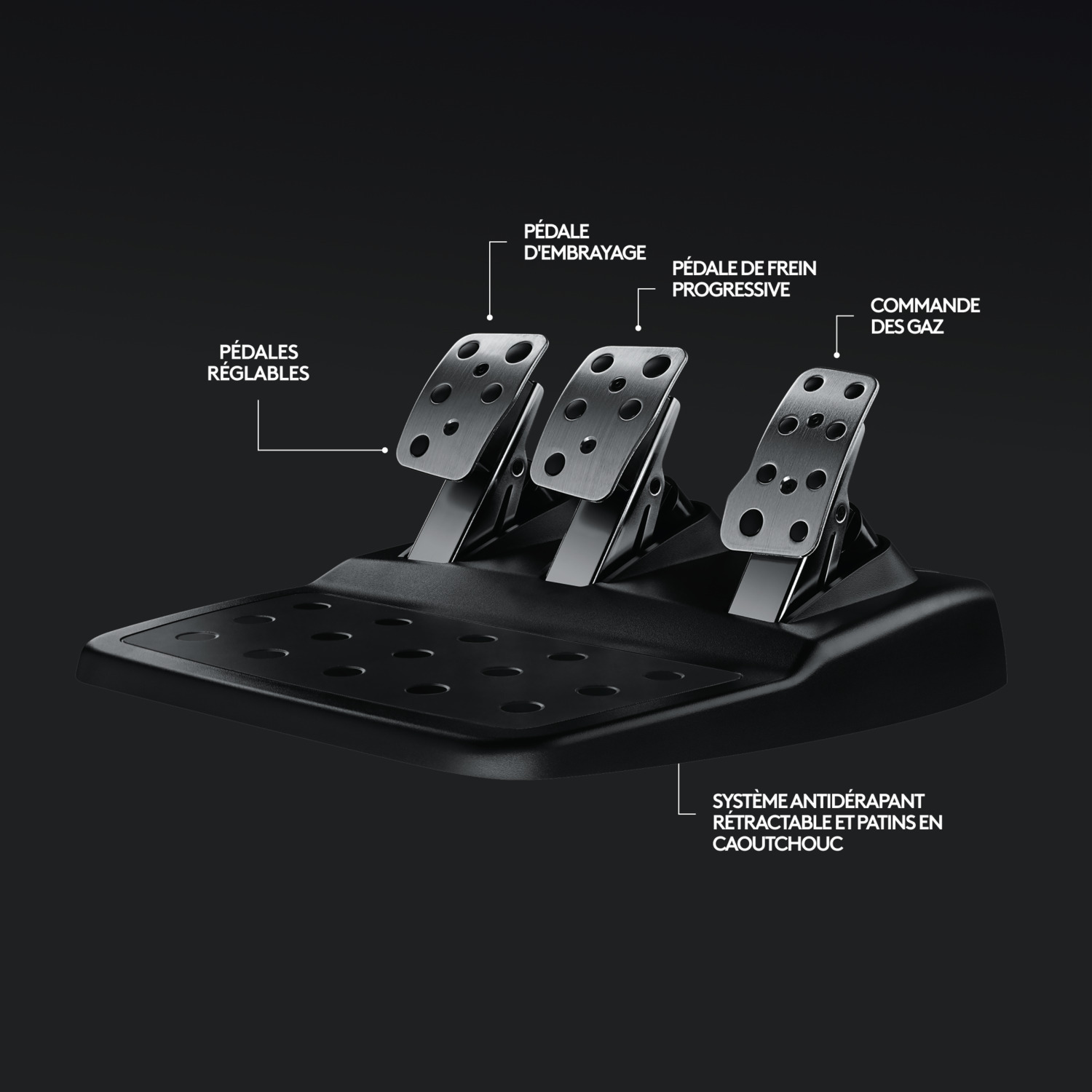 Configuration de pédales de course noires sur fond noir. Pièces étiquetées.