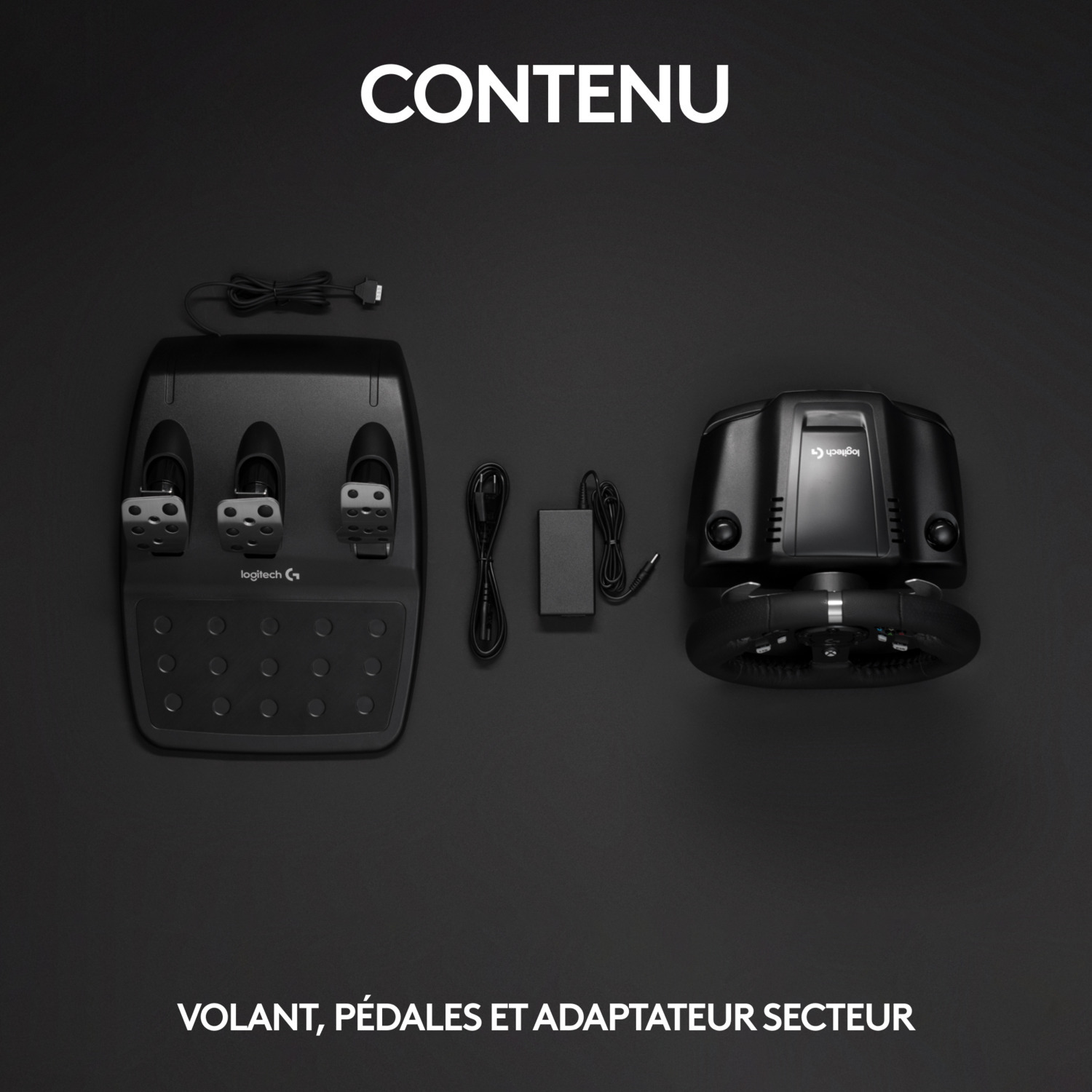 Ensemble volant, pédales et adaptateur secteur Logitech noirs.