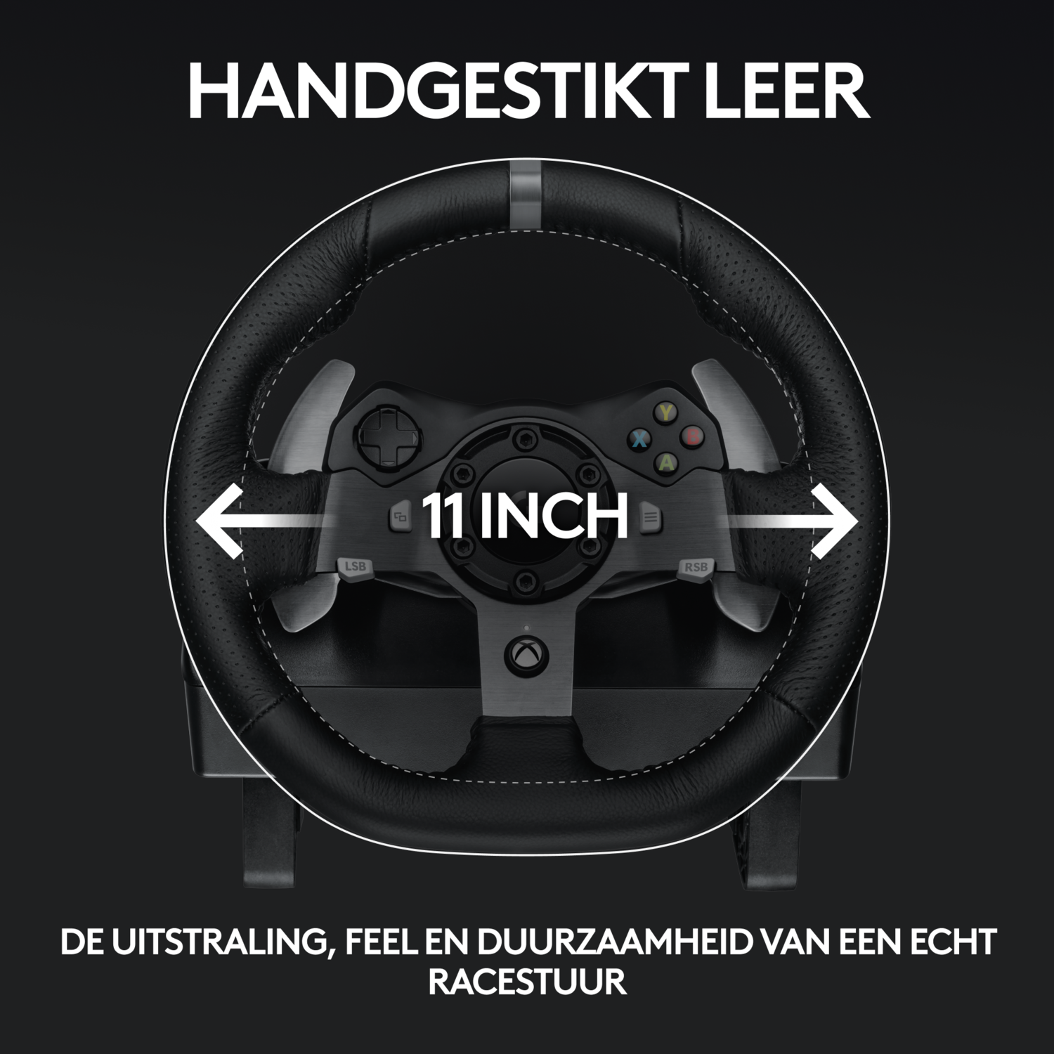 Zwart stuur met gestikt leer. De tekst zegt 11 inch. De achtergrond is zwart.