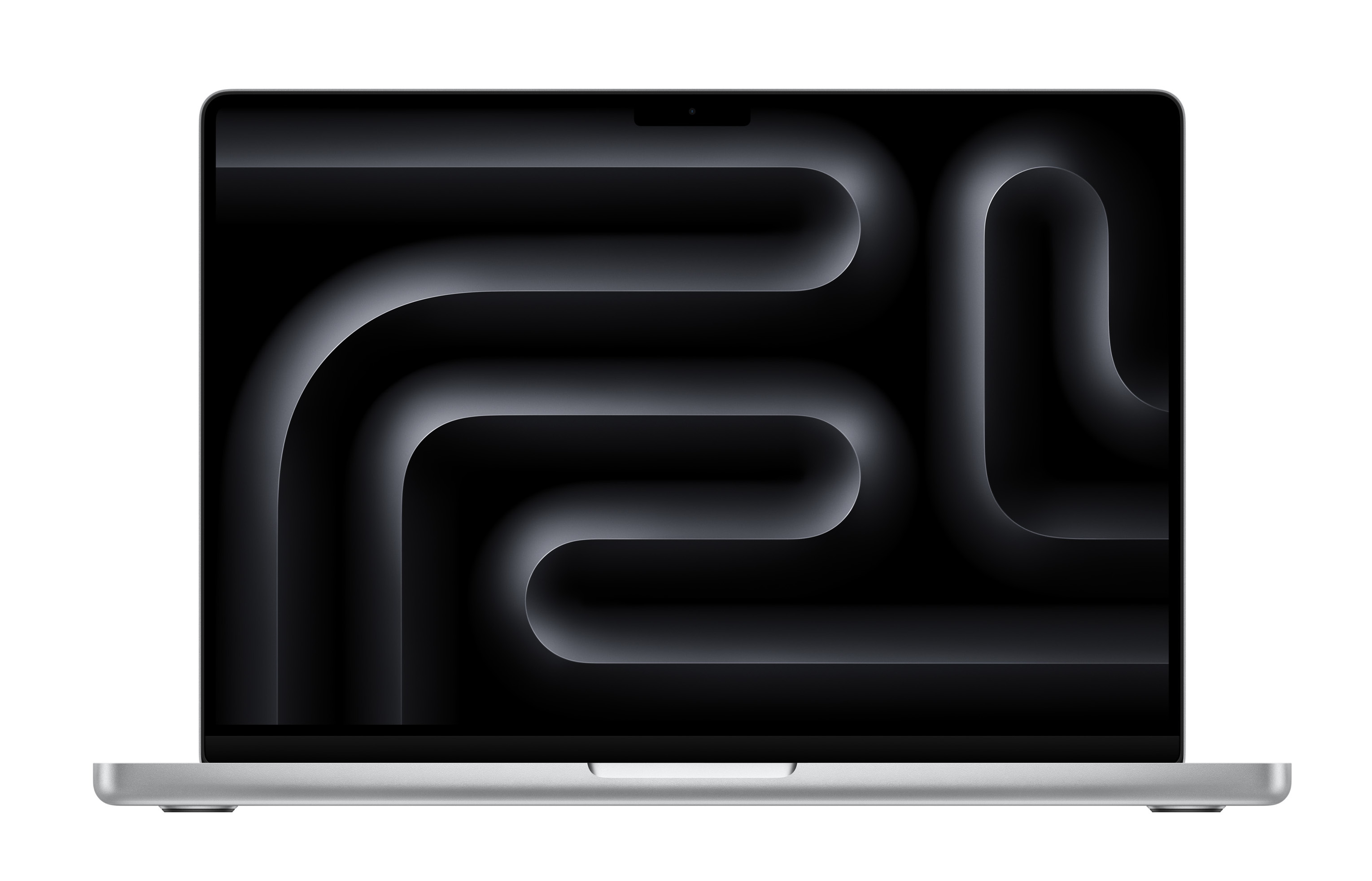 Srebrny laptop na białym tle, ekran wyświetla abstrakcyjne szare linie.