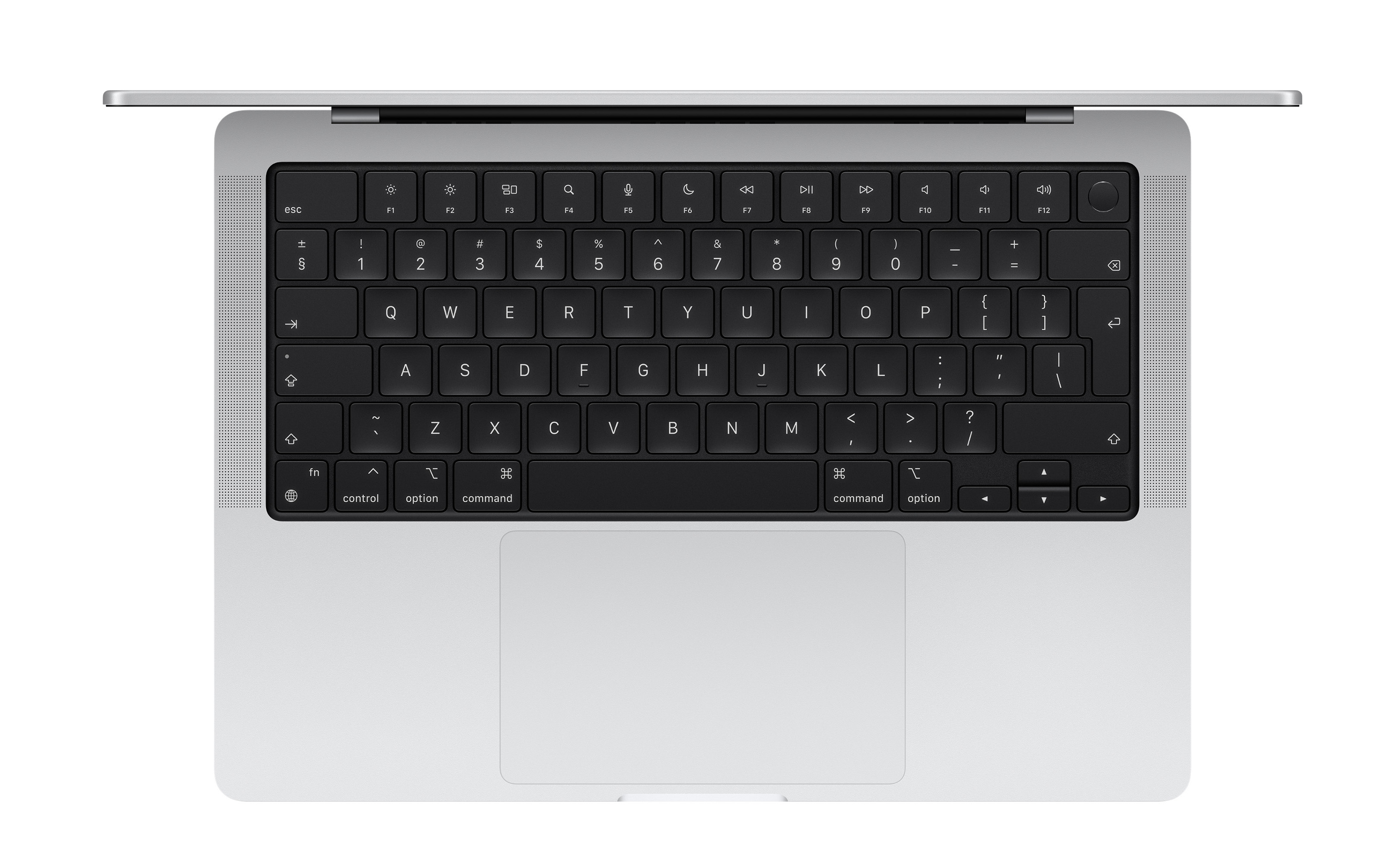 Klawiatura laptopa, widok z góry, na srebrnej ramie.