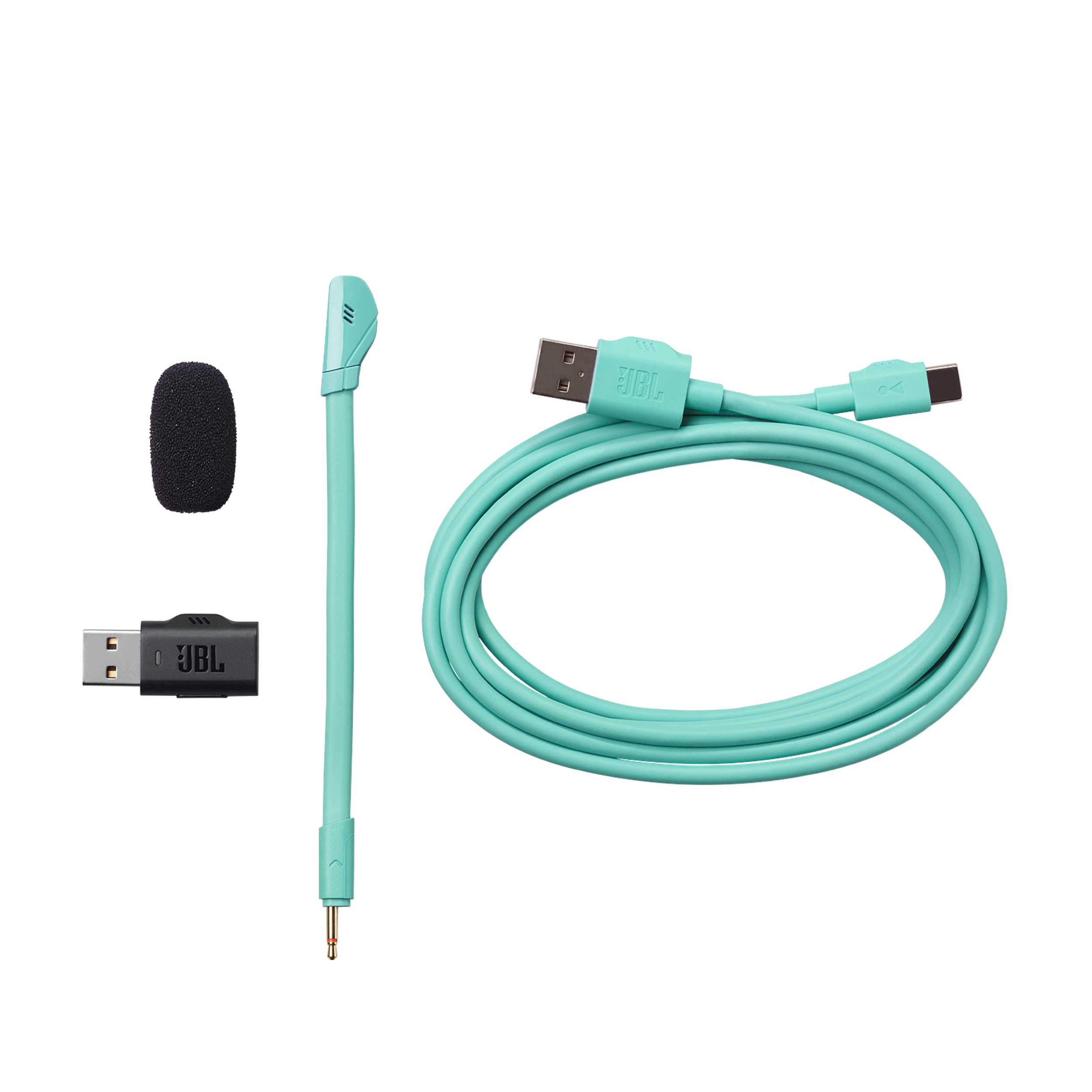 Bir mikrofon ve USB kablosuyla birlikte bir dizi JBL kulaklık.