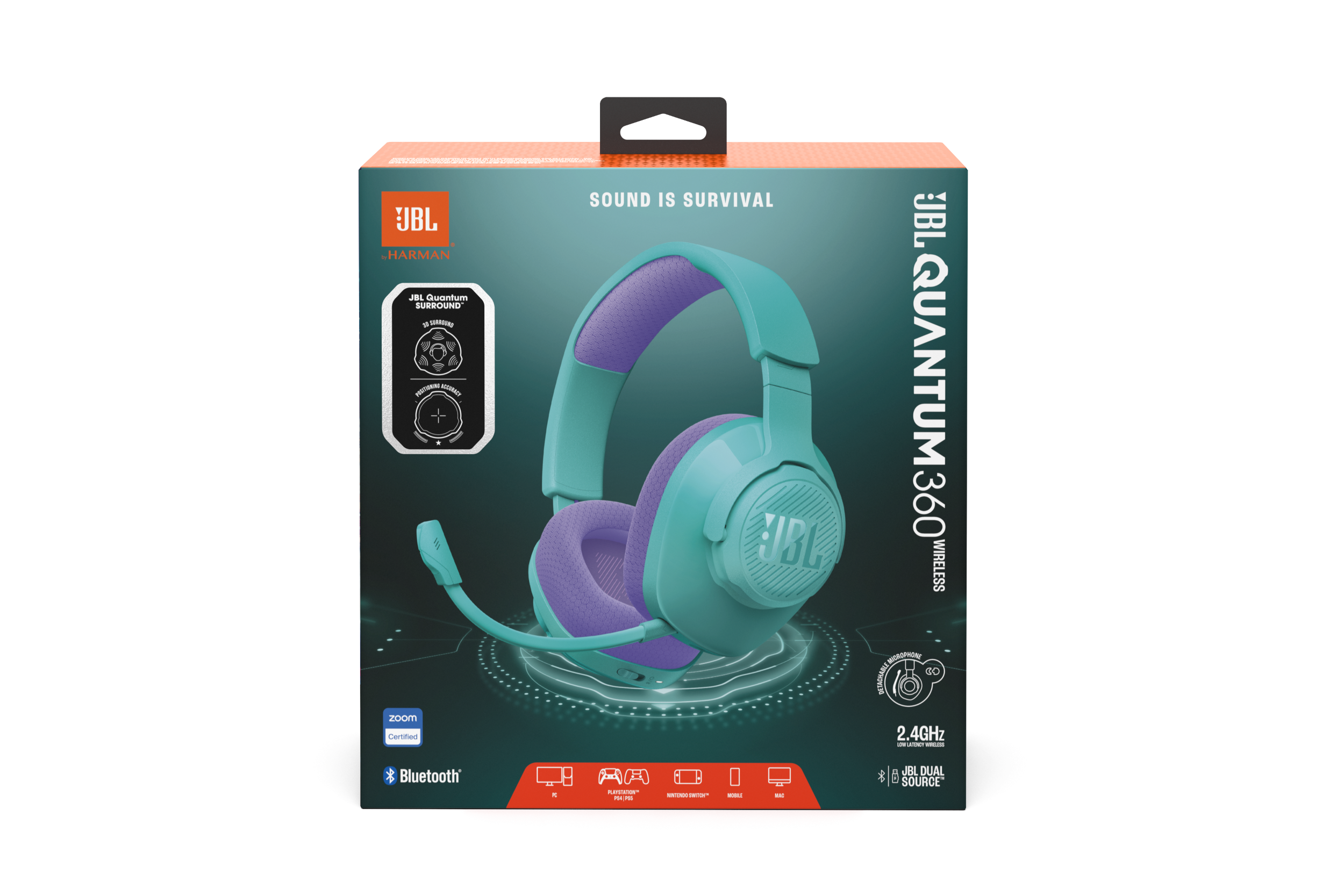 JBL Quantum 360 kablosuz kulaklıklar kutuda, özellikleri gösteriliyor.