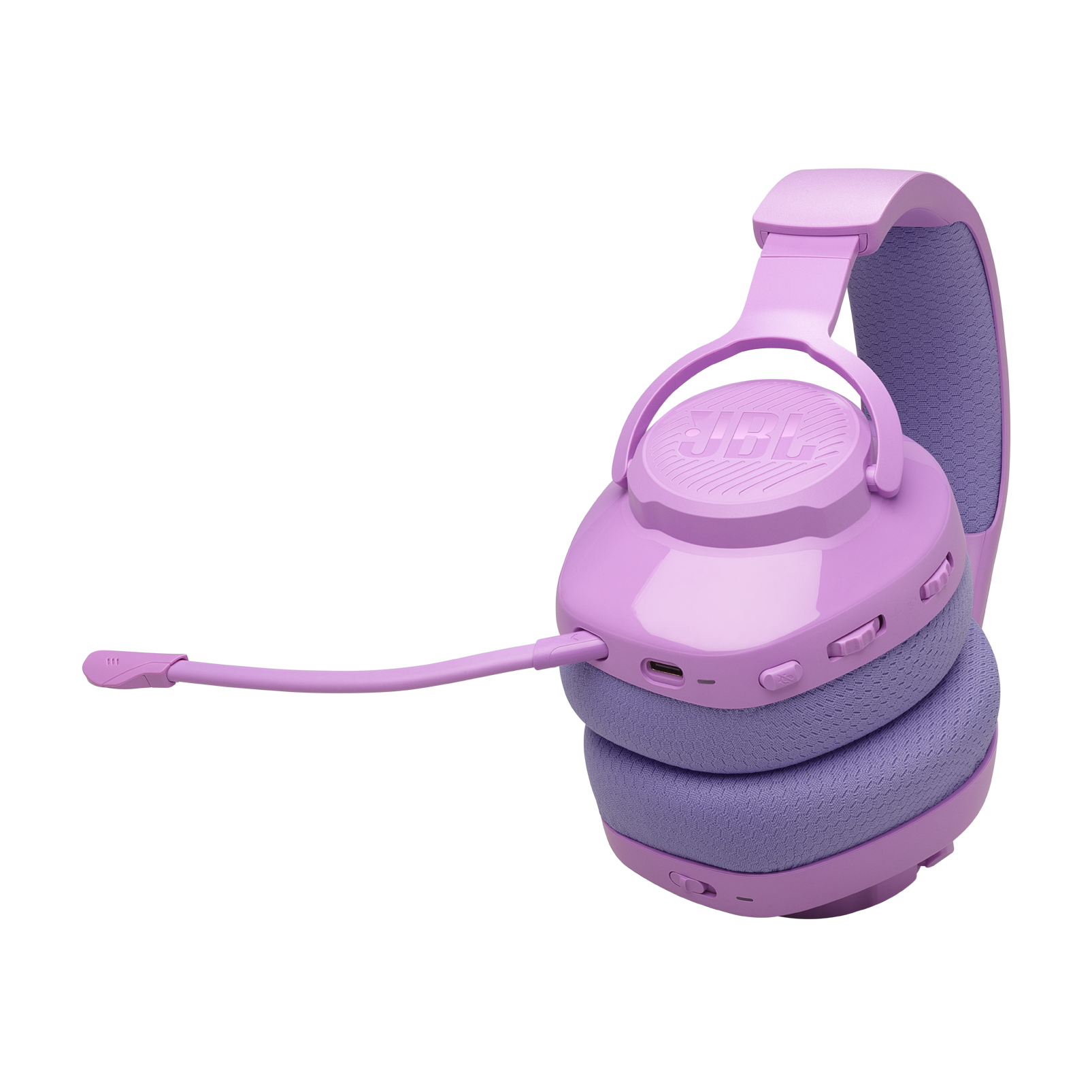 Siyah arka planda, mikrofonlu pembe JBL kulaklık.