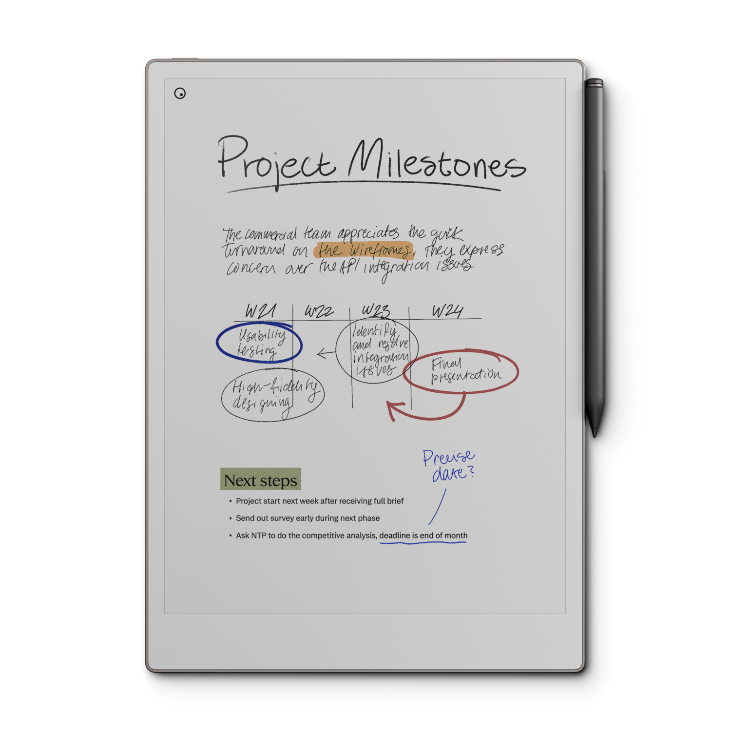 Digitaal notitieblok met notities, diagrammen en een pen. Projectmijlpalen worden met cirkels en pijlen omlijnd.
