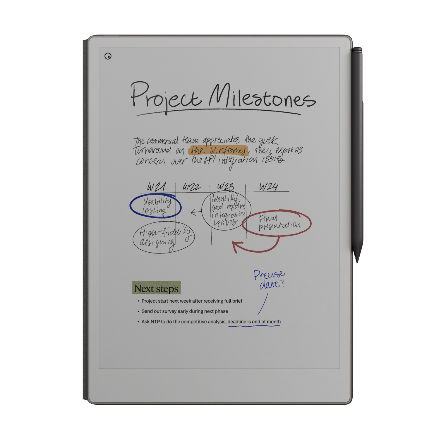 Projectmijlpalen op een digitale tablet met aantekeningen en een pen.