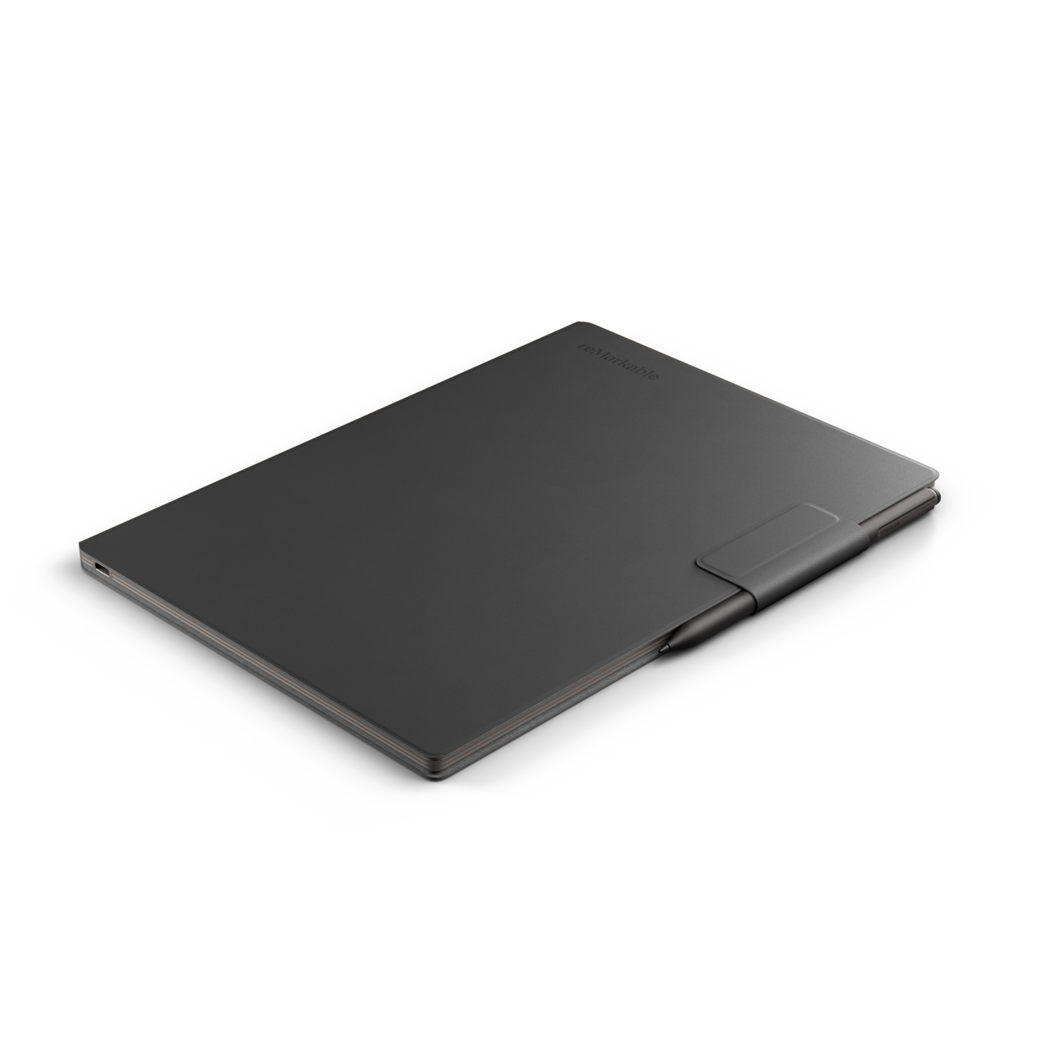 A closed black tablet with a stylus in its side. Black background.
