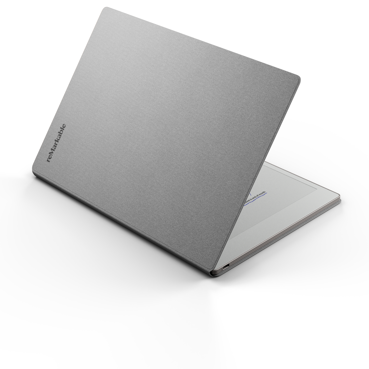 Gray laptop, partially open, with the word 'Remarkable' on the lid, on a black background.