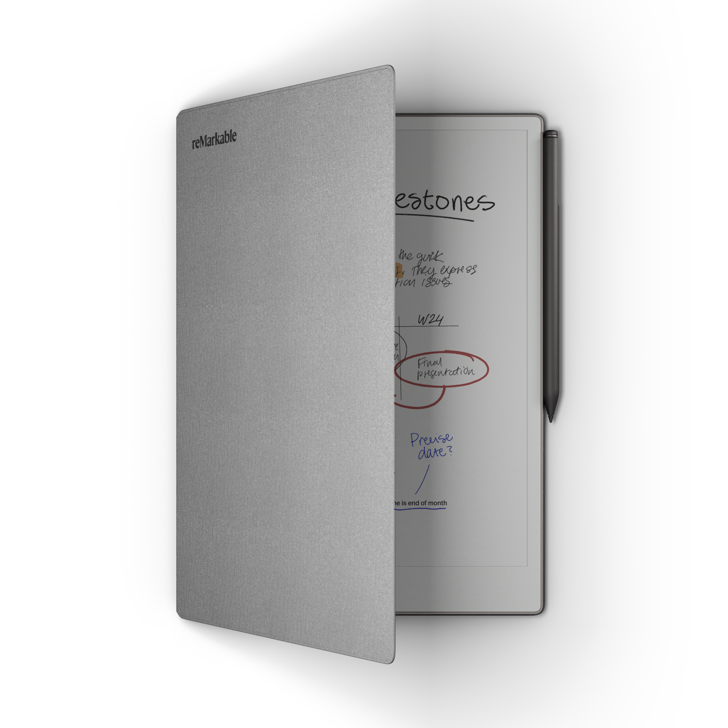 Remarkable tablet with a pen and a notebook open, showing handwritten notes on the screen.