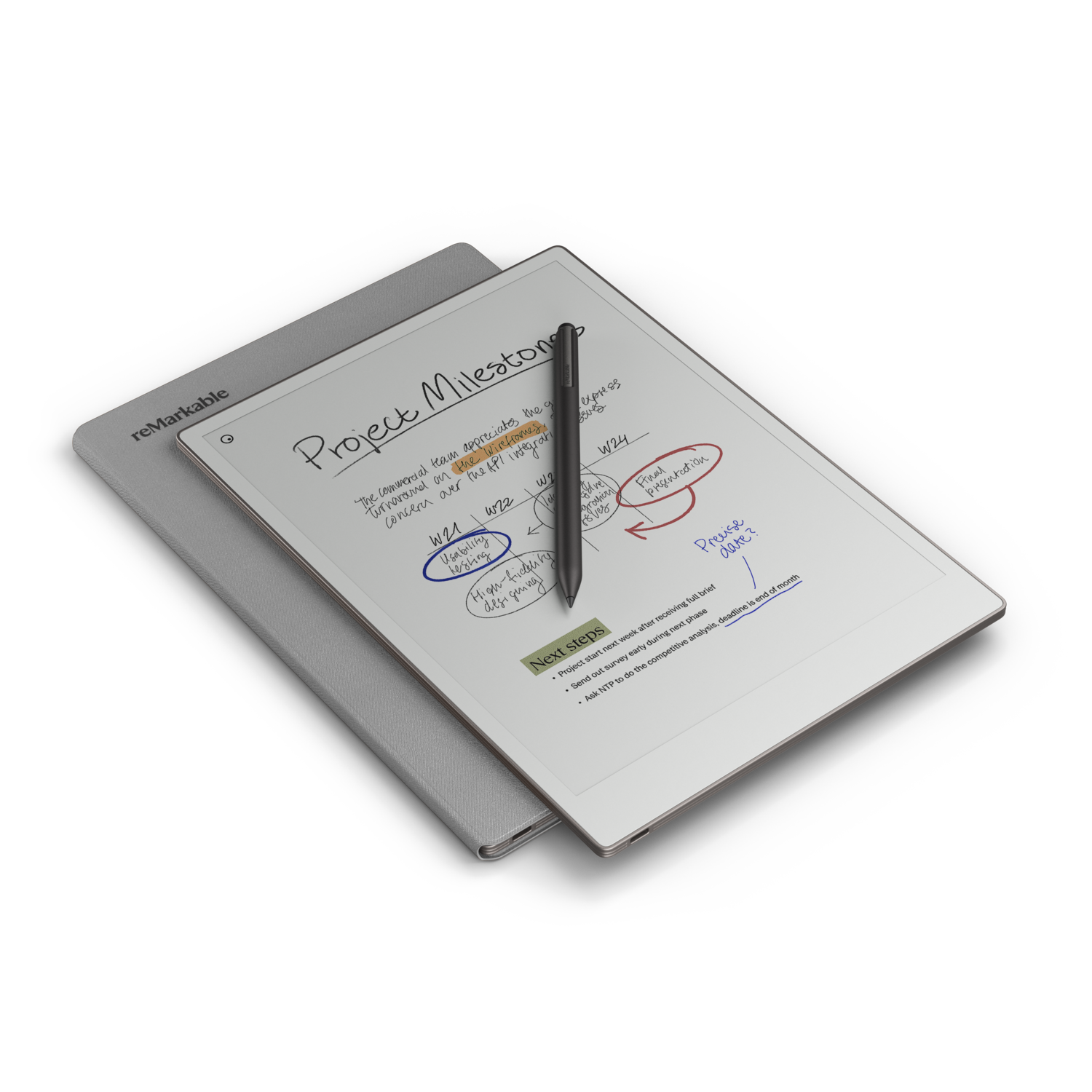 A tablet-like device with a stylus on top. A project plan is on the display with notes and images.