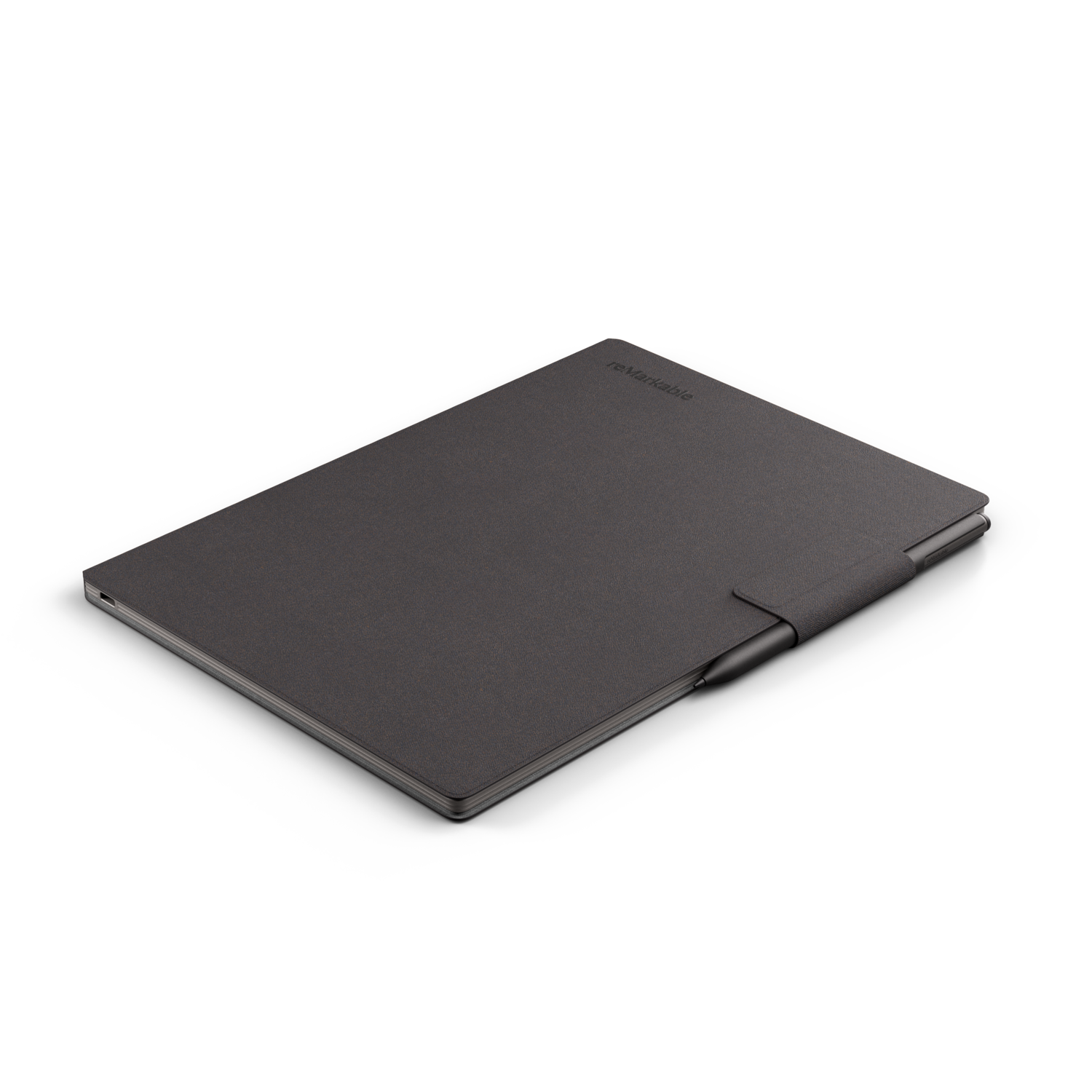 Dark gray e-reader with a pen on a black background.