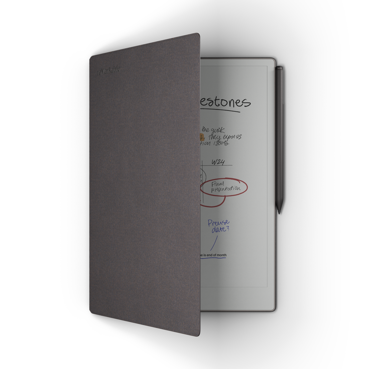 A tablet with a gray cover open, revealing a screen displaying notes and sketches. A pen rests beside it.