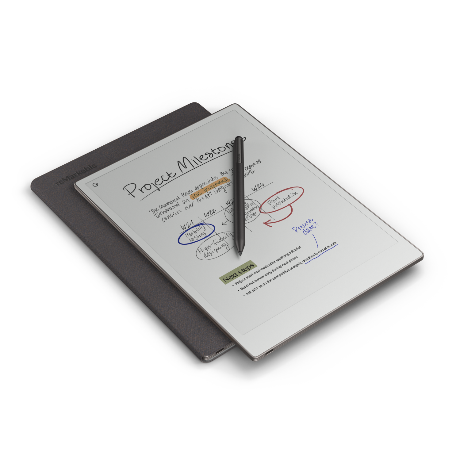 White tablet with a black pen. Project milestone notes on the screen. Grey tablet case is present.