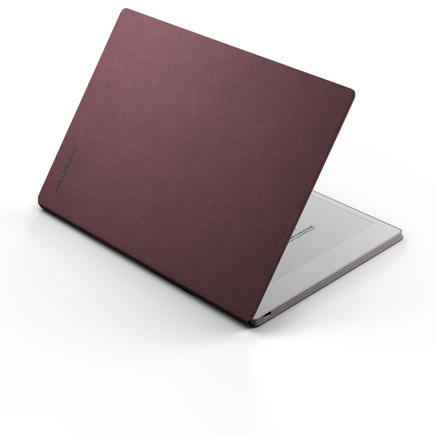 Remarkable tablet with burgundy cover open on a black background.