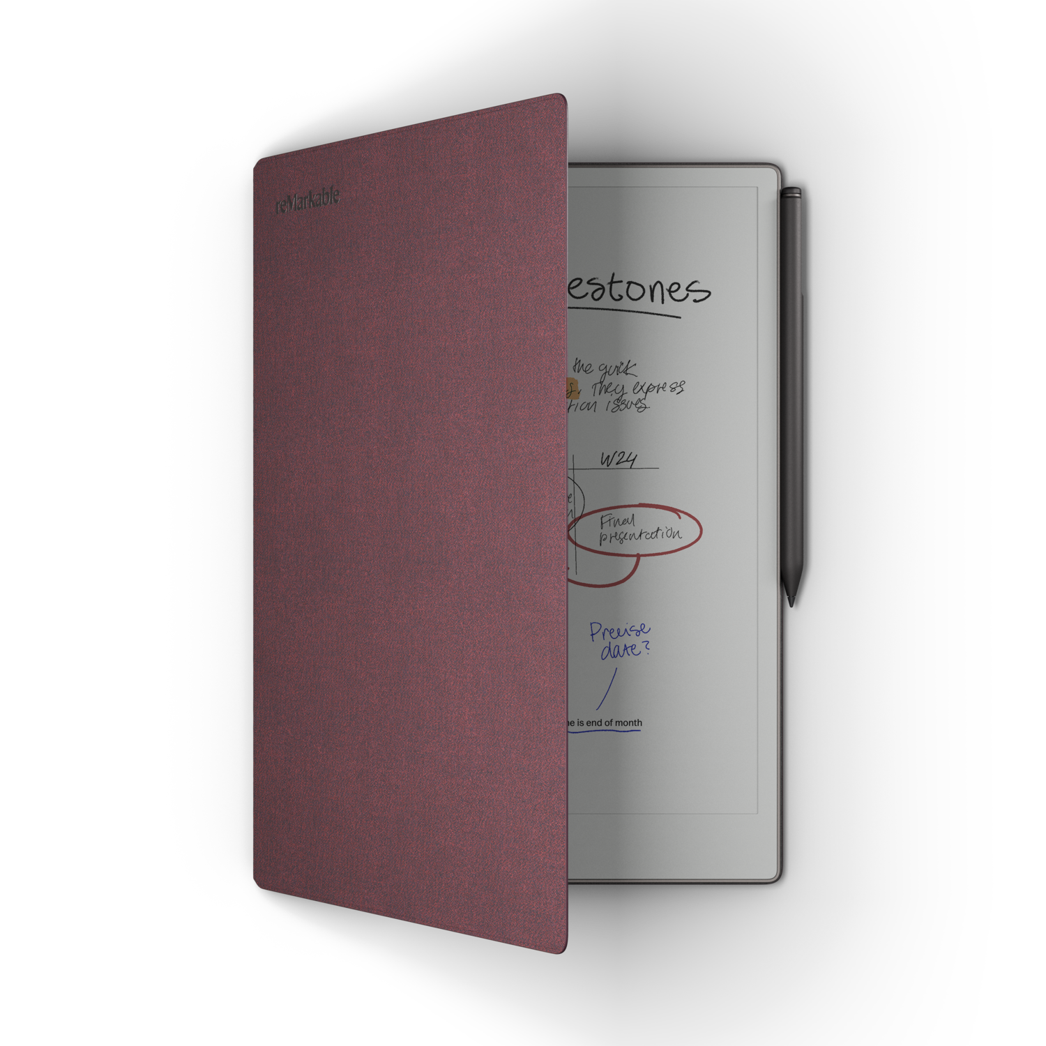 A tablet with notes and a stylus with a burgundy cover.