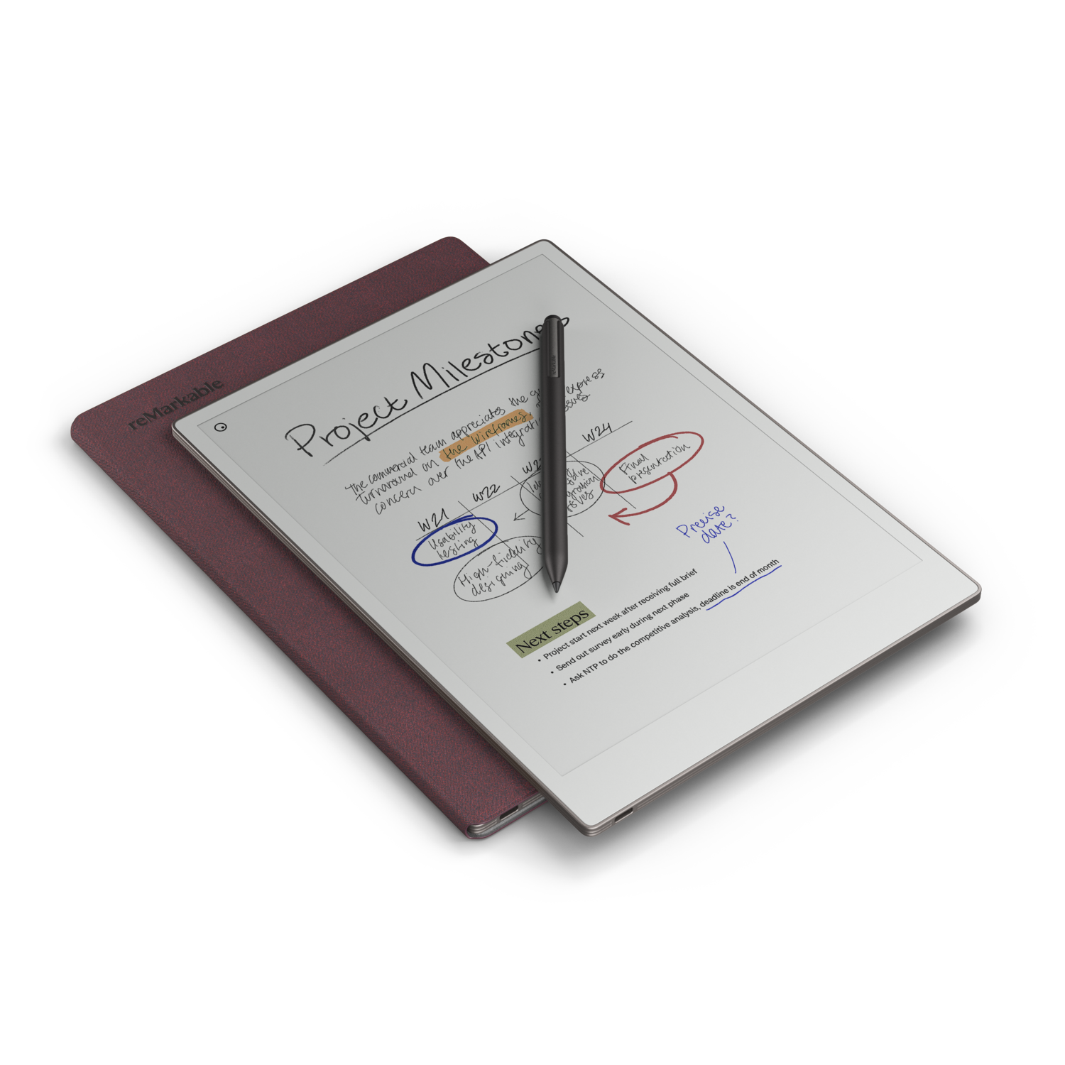 A tablet showing project milestones. A stylus is on the screen. The cover is on the left. Black background.