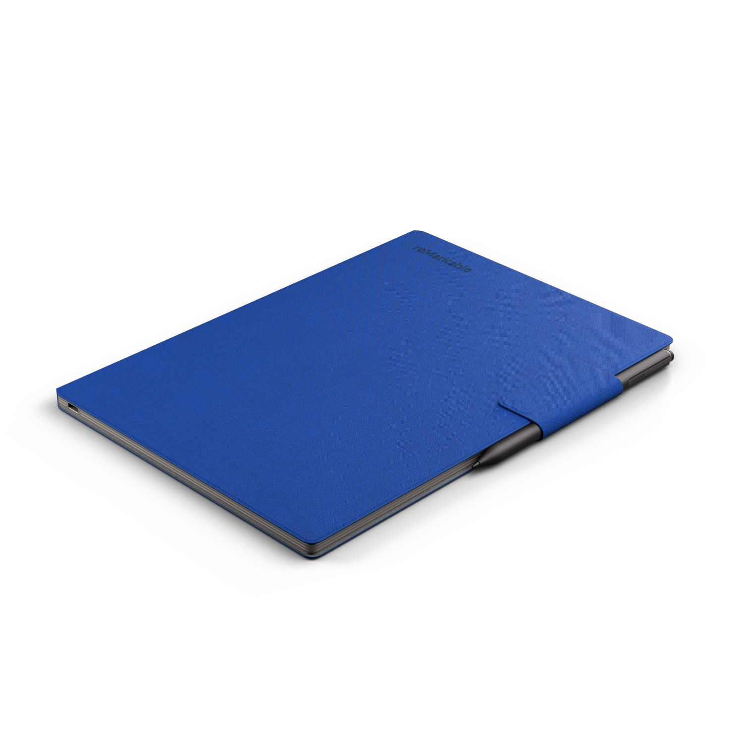 Blue tablet case with a black stylus. The tablet is closed.