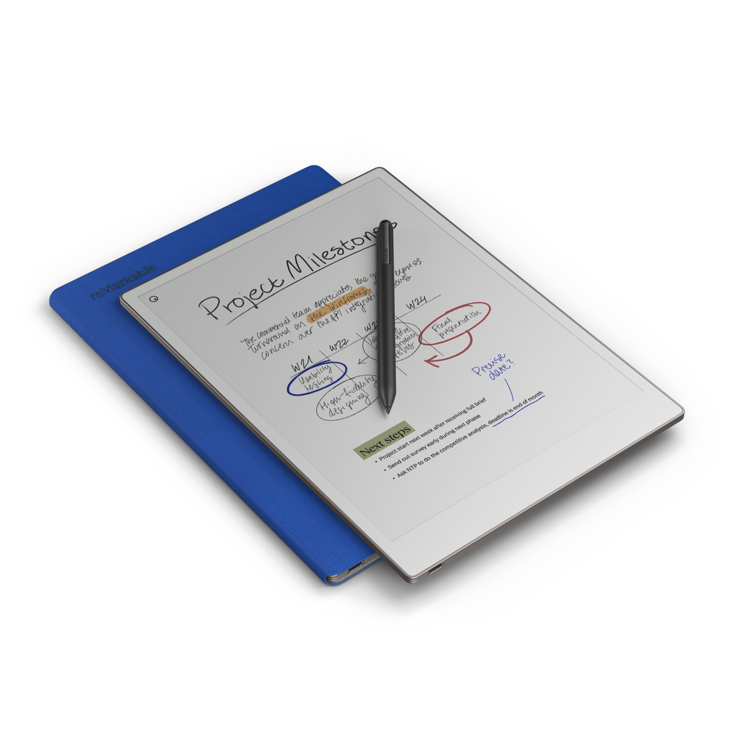 A digital notepad with a pen, displaying a project milestone plan with handwritten notes.
