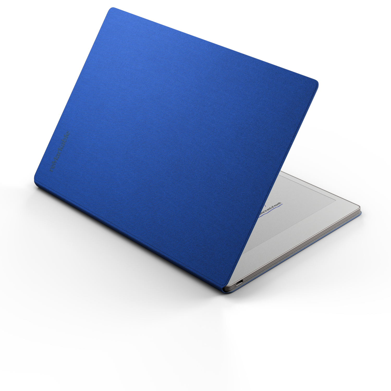 Blue laptop cover, angled view, showing a silver laptop, on a black background.