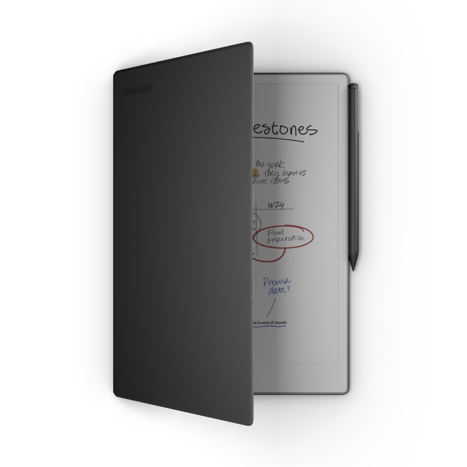 A tablet is open, showing notes with a stylus. The cover is on the left. The background is black.