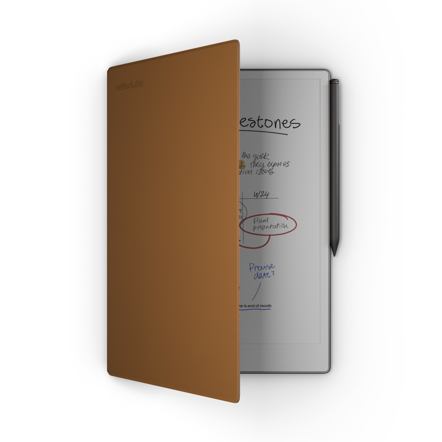 A tablet with a brown cover. The screen shows notes with a pen.
