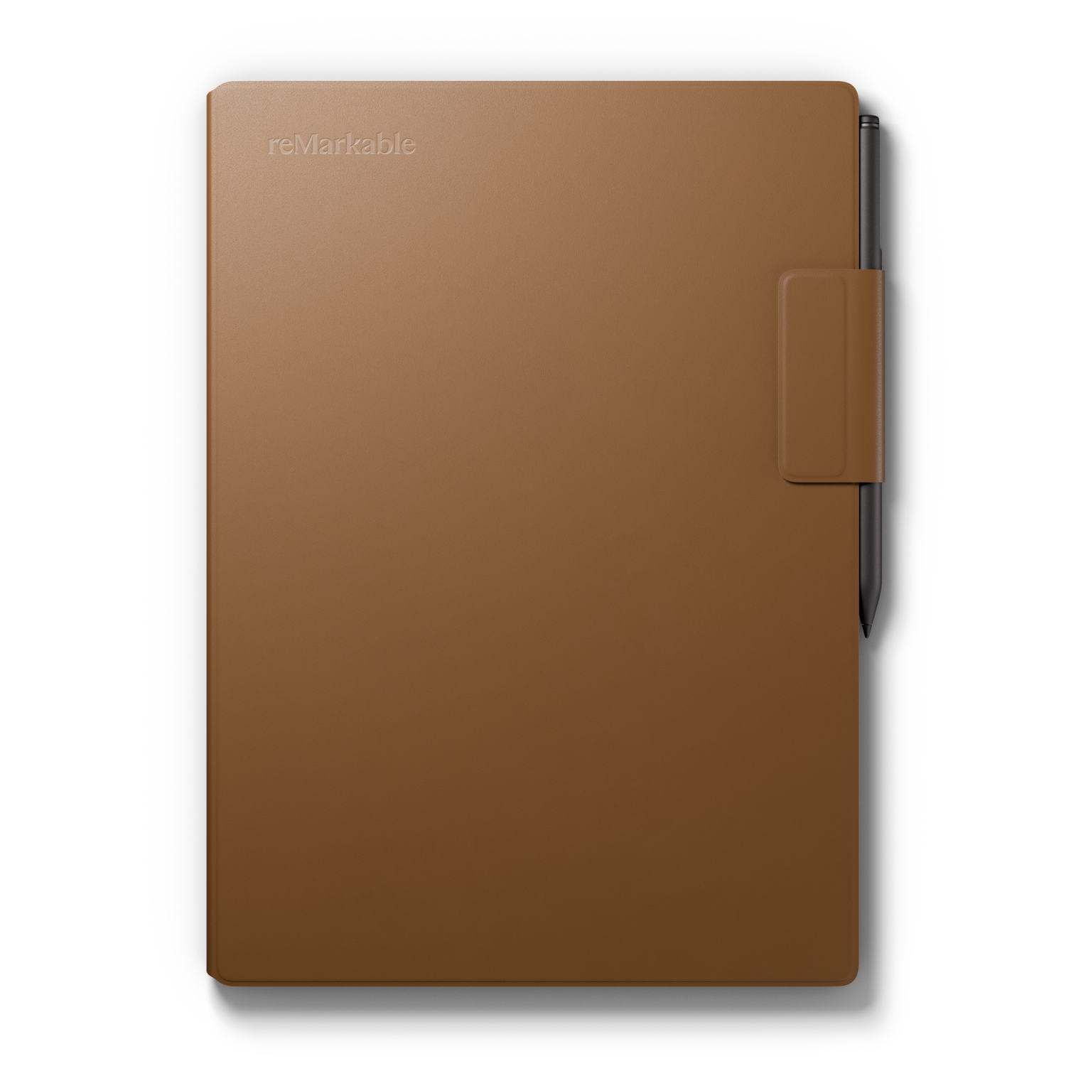Brown tablet with a stylus on a black background. The tablet has the word 'reMarkable' on it.