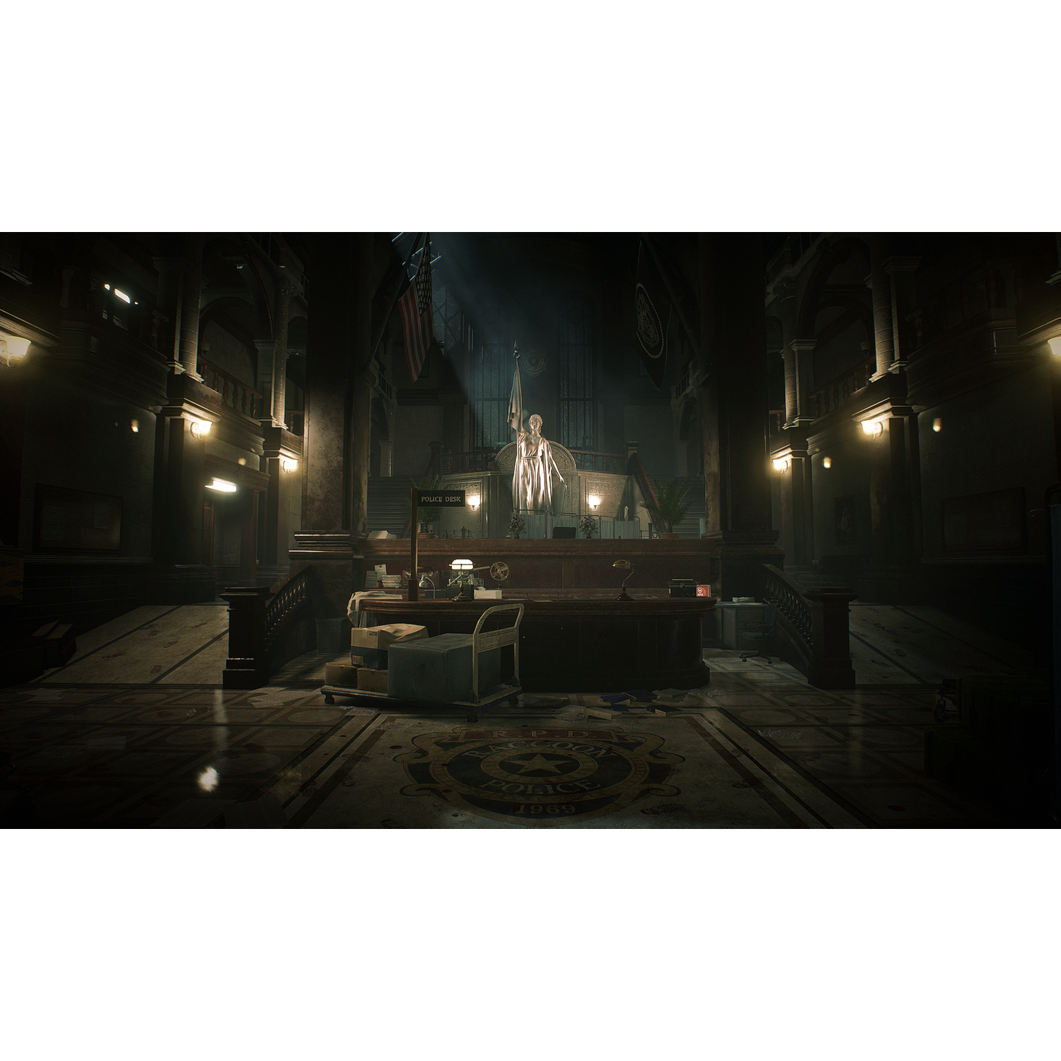 Dark, dramatic interior scene of a police station at night, with a statue.