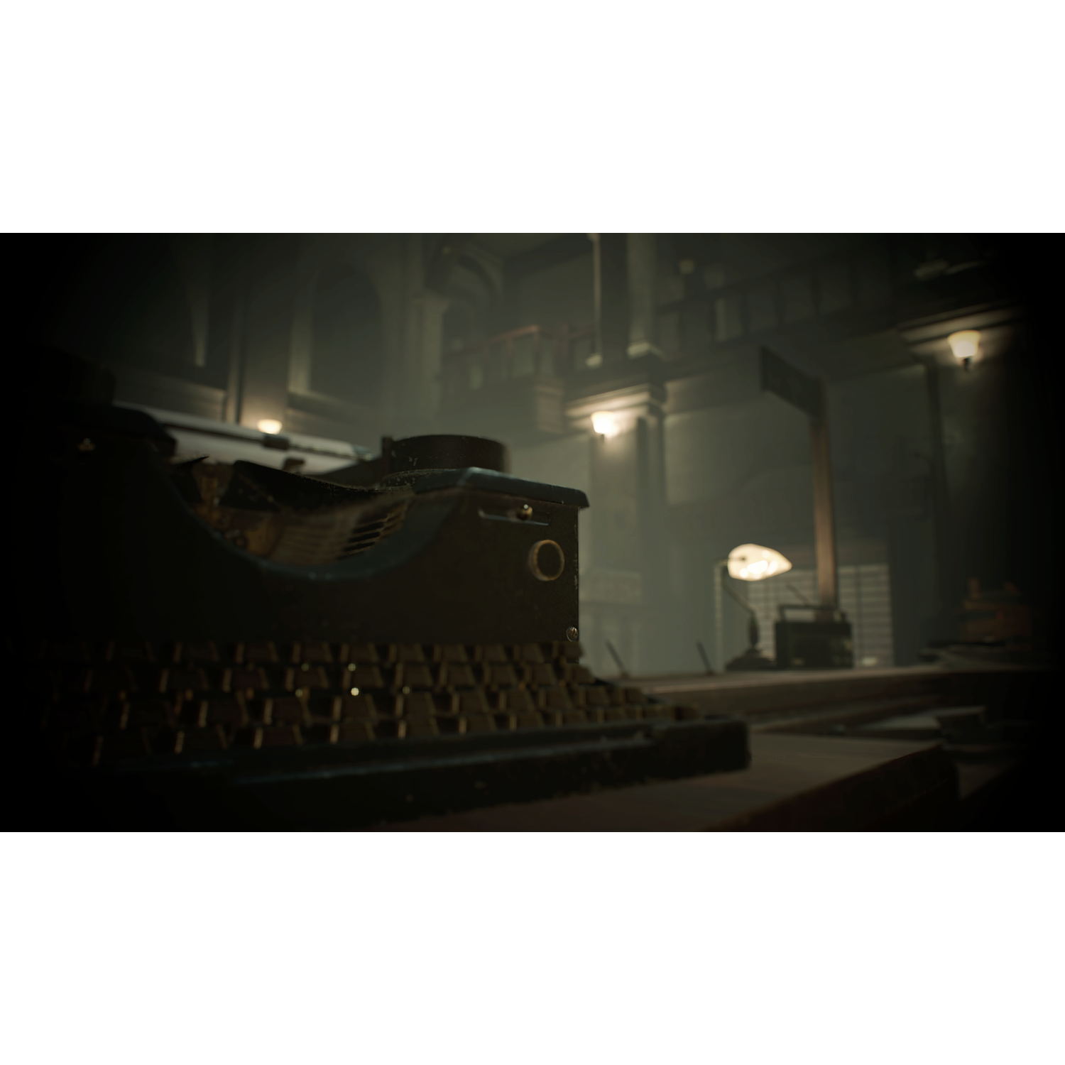 An old typewriter sits in a dimly lit room, suggesting a historical or dramatic setting.