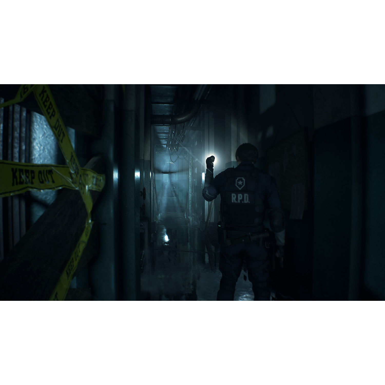 A man in a dark uniform with a flashlight explores a dark corridor with yellow tape that says 'KEEP OUT'.