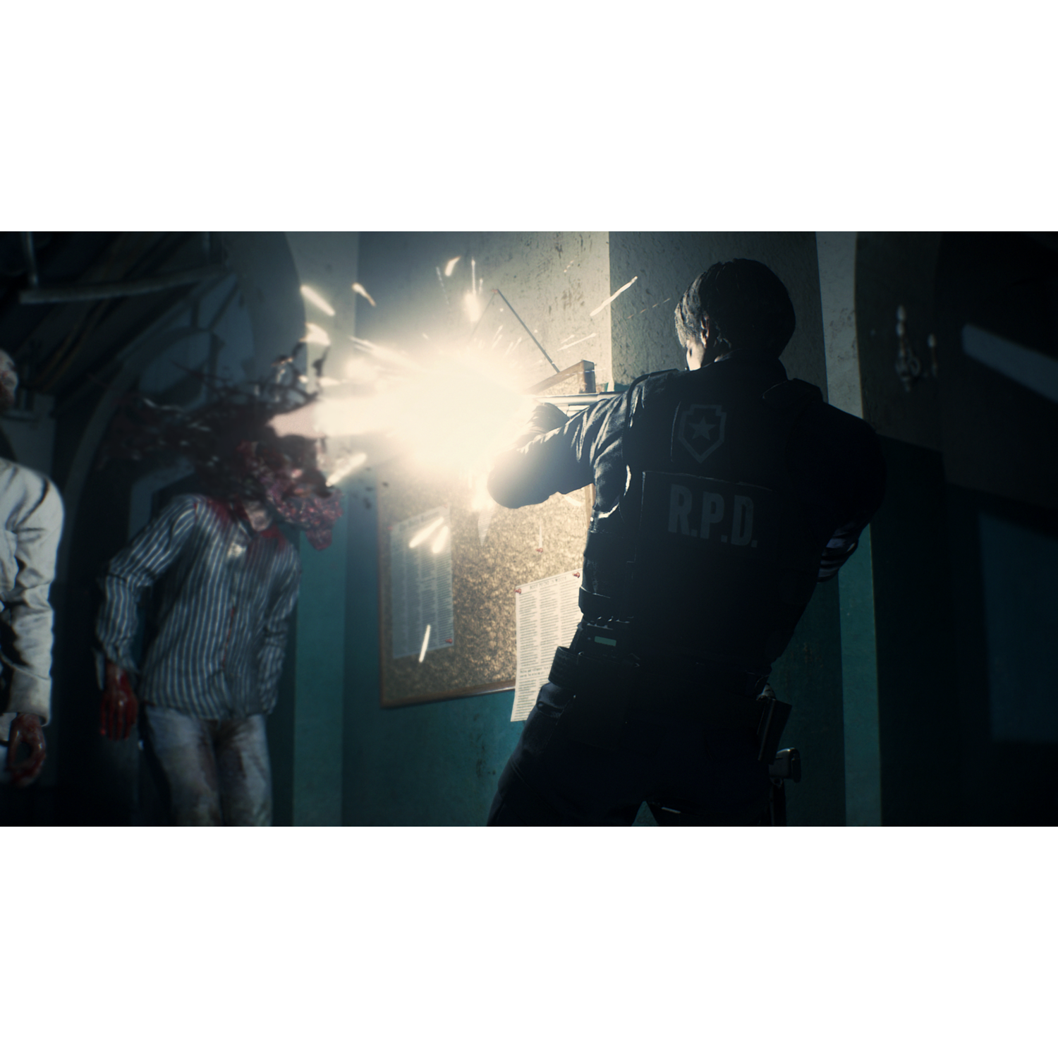 Scene from a game. A man shooting at a zombie, blood splatter. Dark, indoor setting.