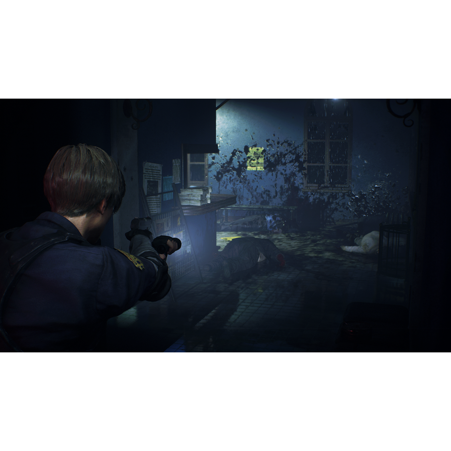 A man in a police uniform pointing a gun in a dark room.