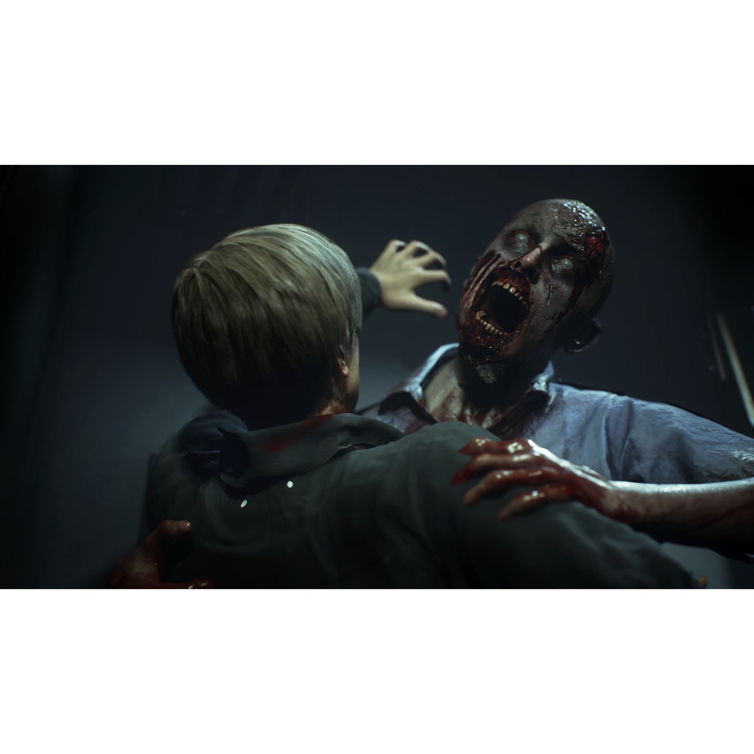 Man being attacked by a zombie. Blood is visible. Dark, indoor setting.