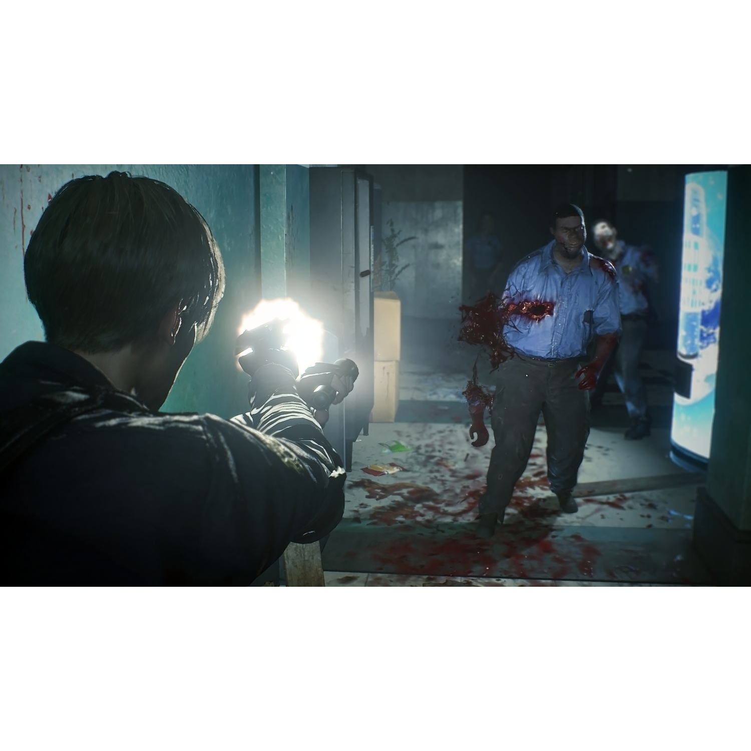 Action shot from a video game, man shooting at a zombie, blood.