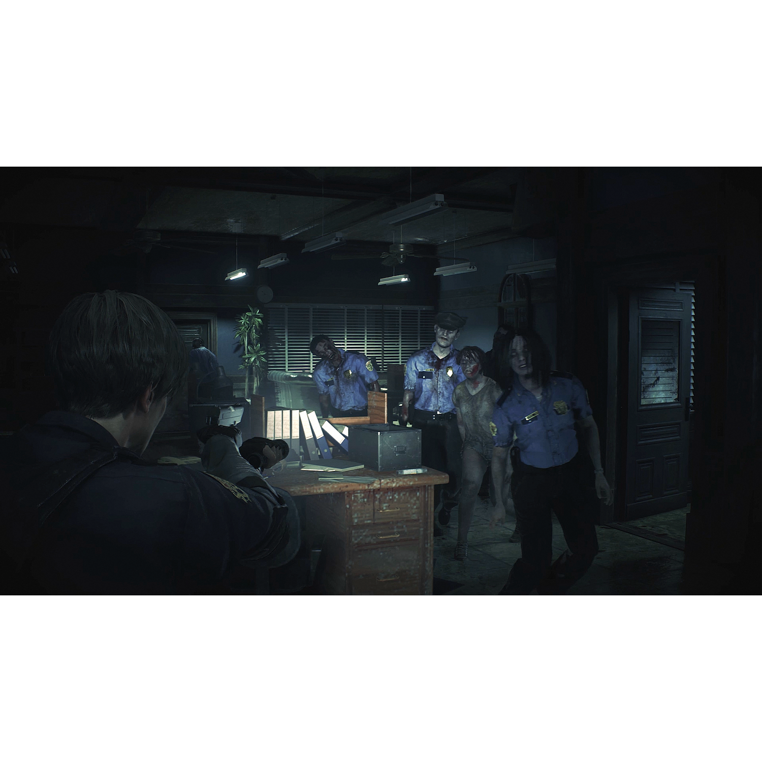 Scene from a video game: a person aiming a gun at zombies in a police station.