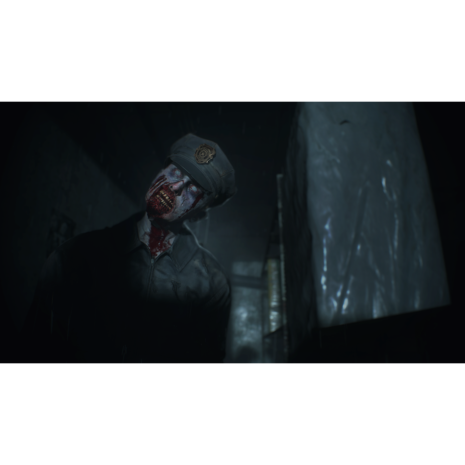 A zombie with bloody face and uniform stands in a dark, shadowy hallway. The wall is a light color.
