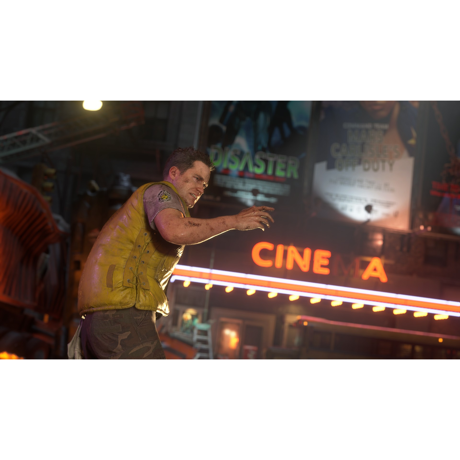 Man in yellow vest runs near a cinema with 'CINEMA' sign and light.