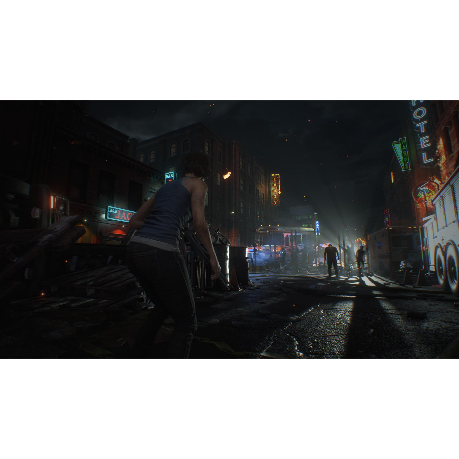 A dark street scene from a video game. A woman with a weapon faces zombies, neon signs in the background.