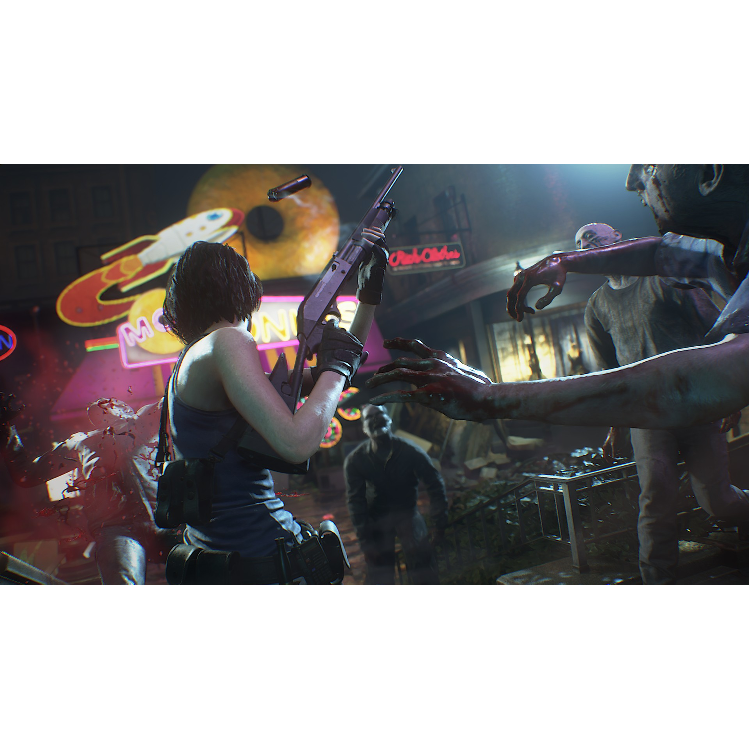 Woman with gun fights zombies in a city at night. Neon signs and buildings are in the background.