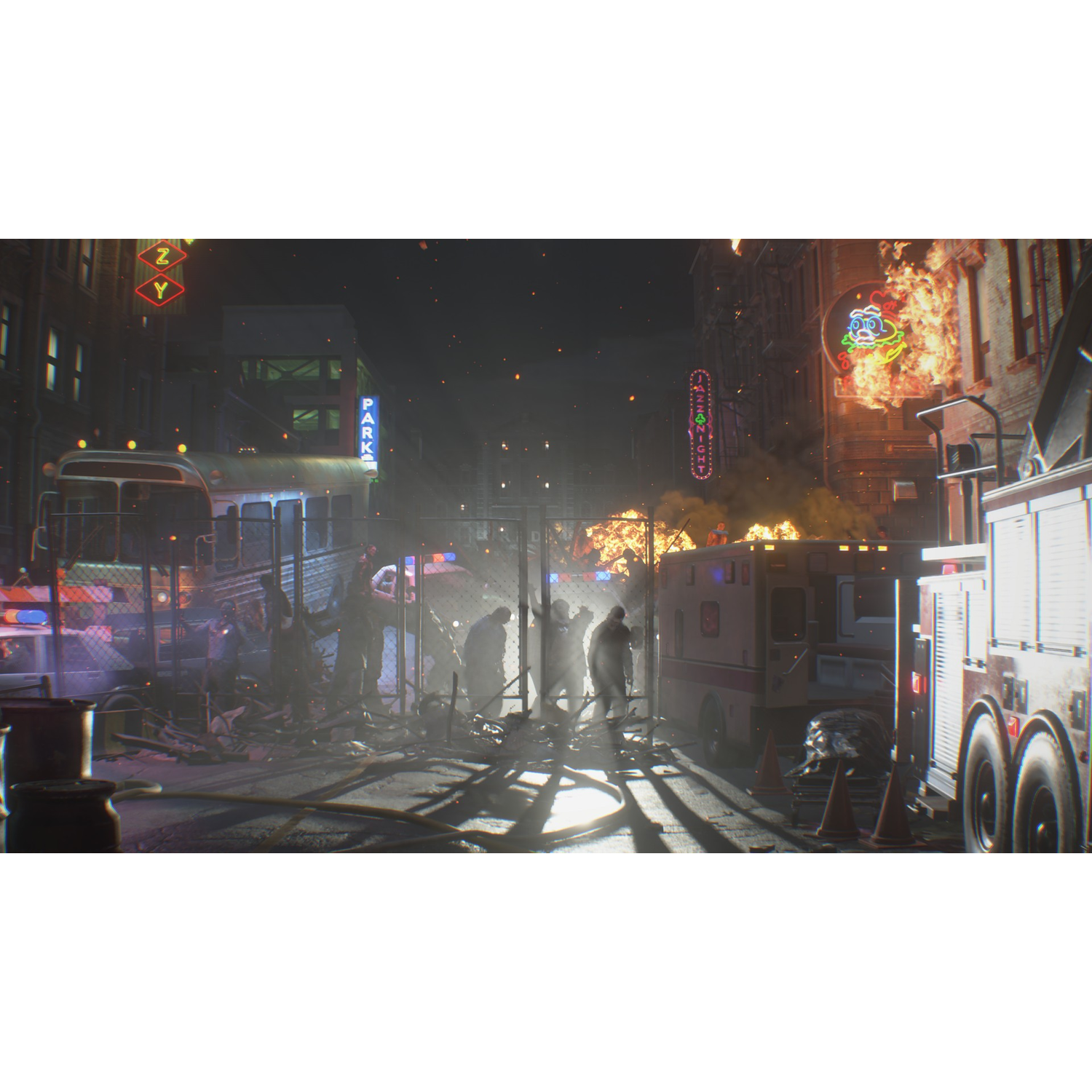 Night scene with fire, zombies, and emergency vehicles in a city street.