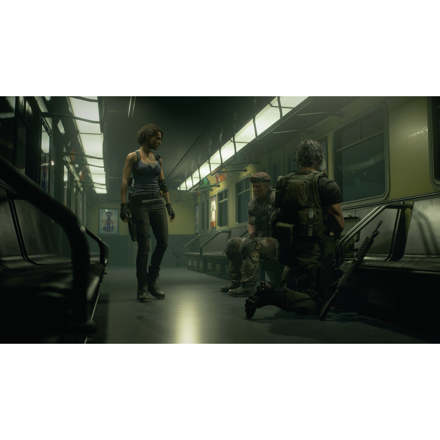 Woman in a subway car with two men. One kneels with a rifle. Interior of a train. Dark setting.