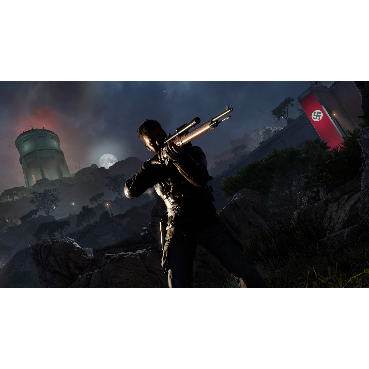 Man aiming rifle in a war scene, with a flag and a water tower.