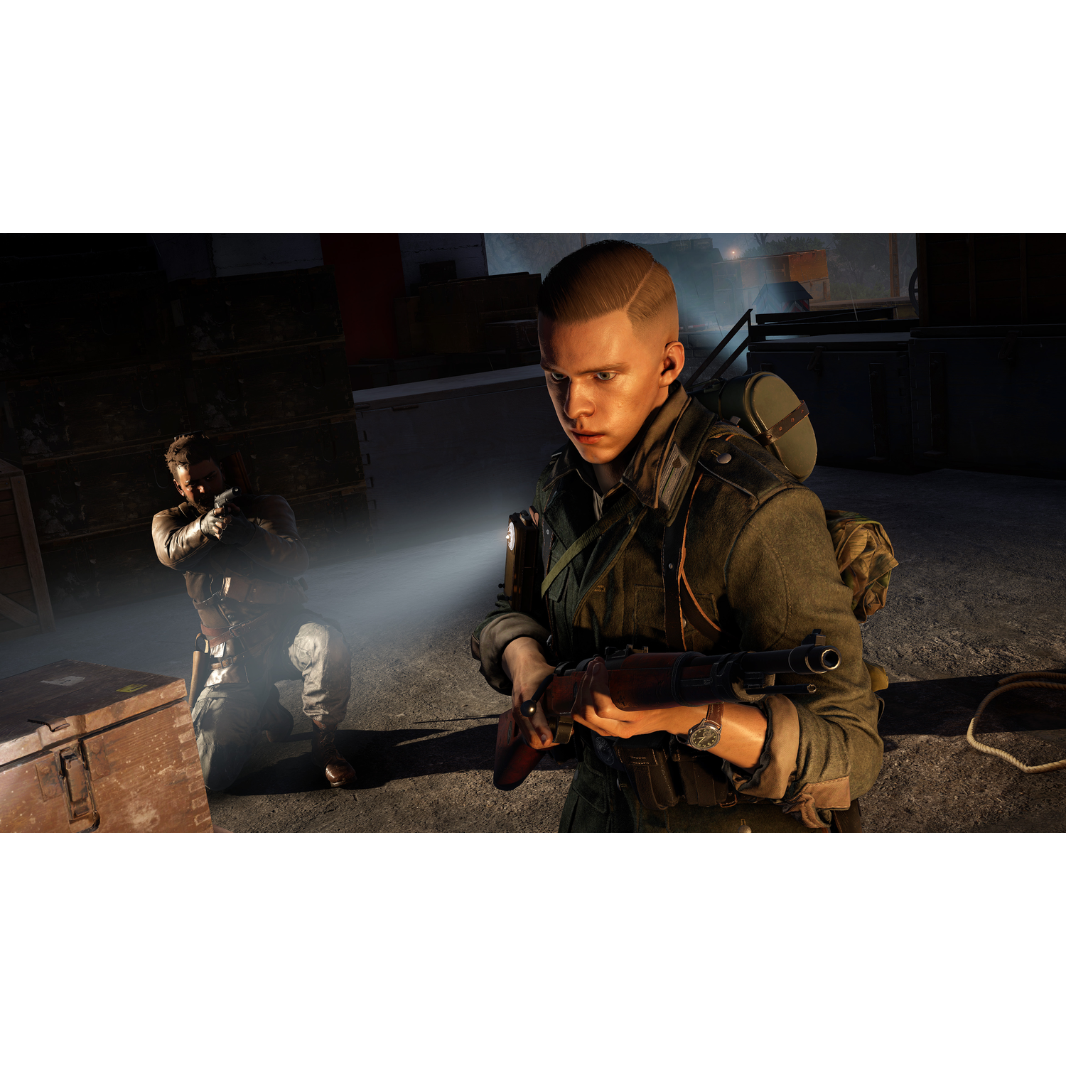 Two soldiers in combat, one kneeling and aiming a rifle, in a dark, war-themed setting.