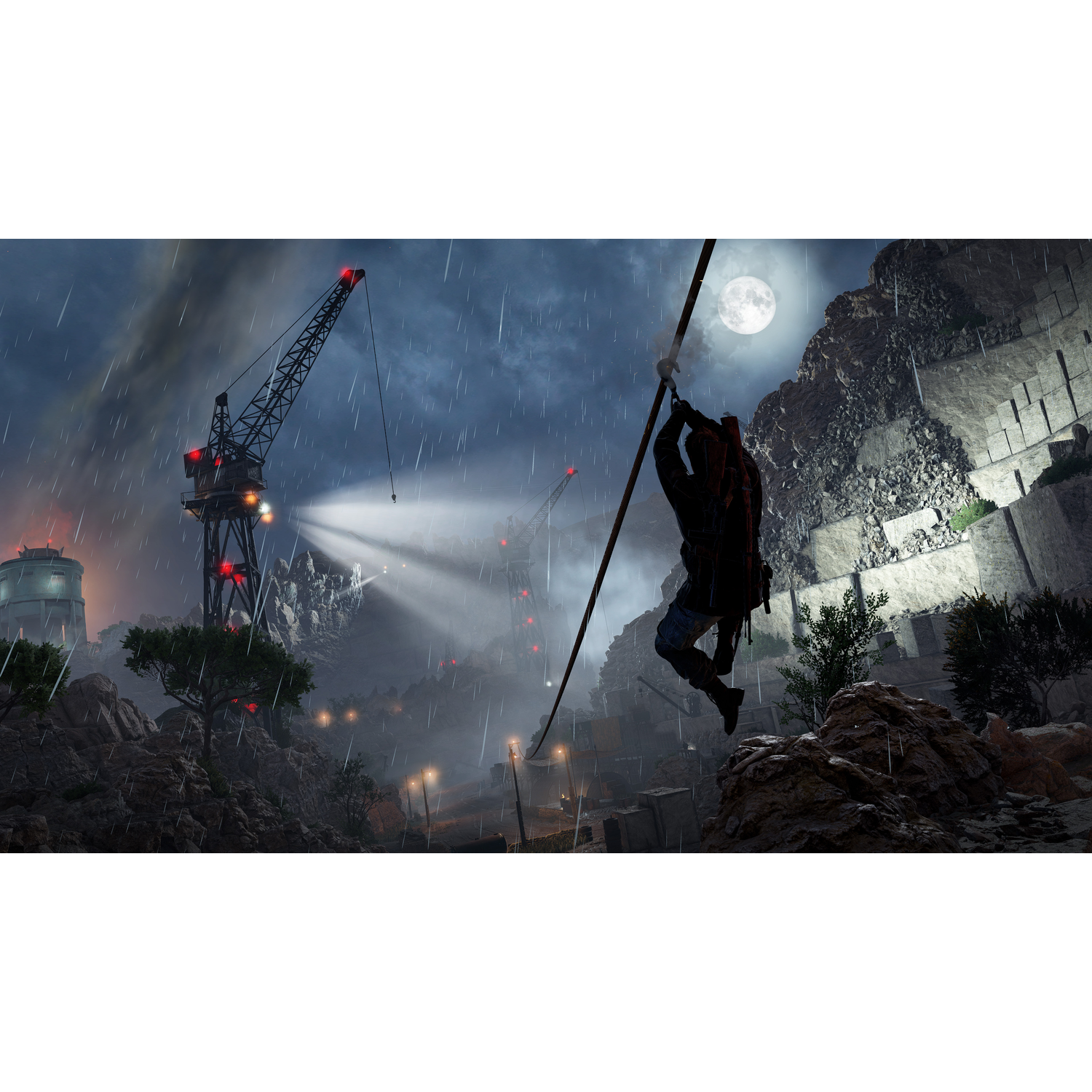 Person hanging from a rope in a stormy city scene, with cranes.