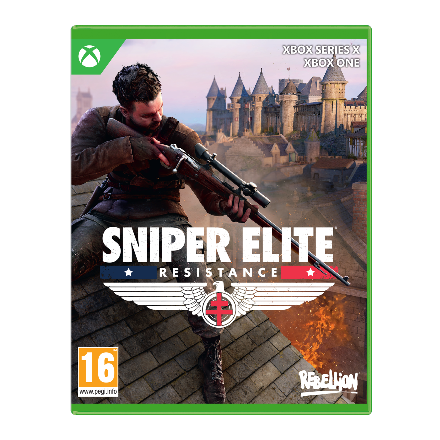 Game box art: man aiming a rifle, castle background, text 'Sniper Elite Resistance'.