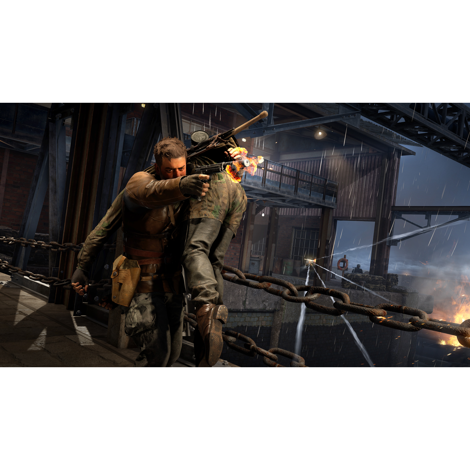 A man shoots an enemy as he is falling, with fire.